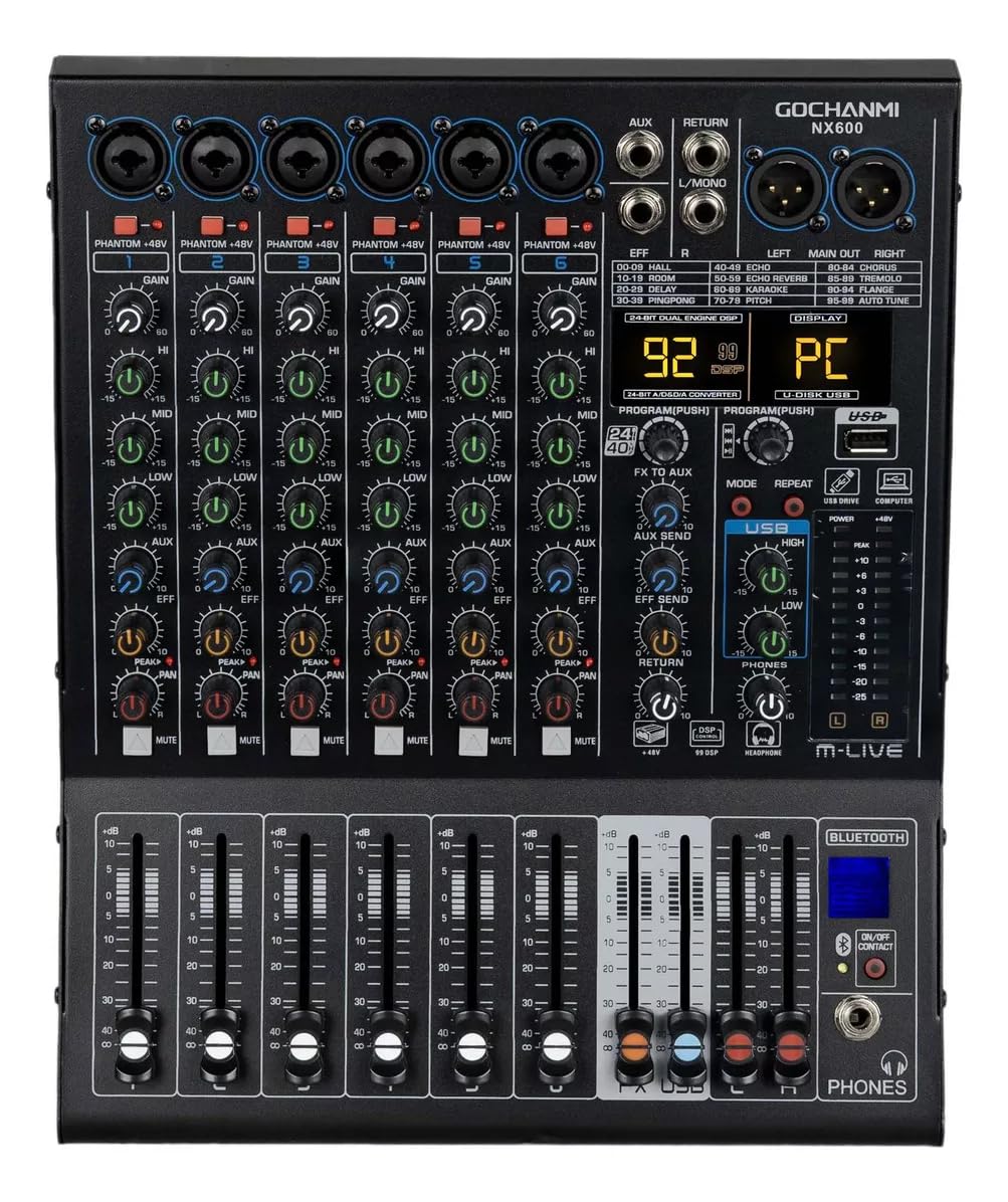 GOCHANMI NX600 Mezcladora de Audio 6 Canales 99 DSP Efectos Preamplificador Mixer USB Interfaz Bluetooth con independiente 48V Alimentación Fantasma y un ecualizador de 7 segmentos