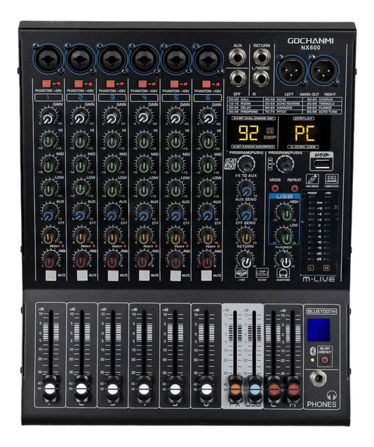 GOCHANMI NX600 Mezcladora de Audio 6 Canales 99 DSP Efectos Preamplificador Mixer USB Interfaz Bluetooth con independiente 48V Alimentación Fantasma y un ecualizador de 7 segmentos