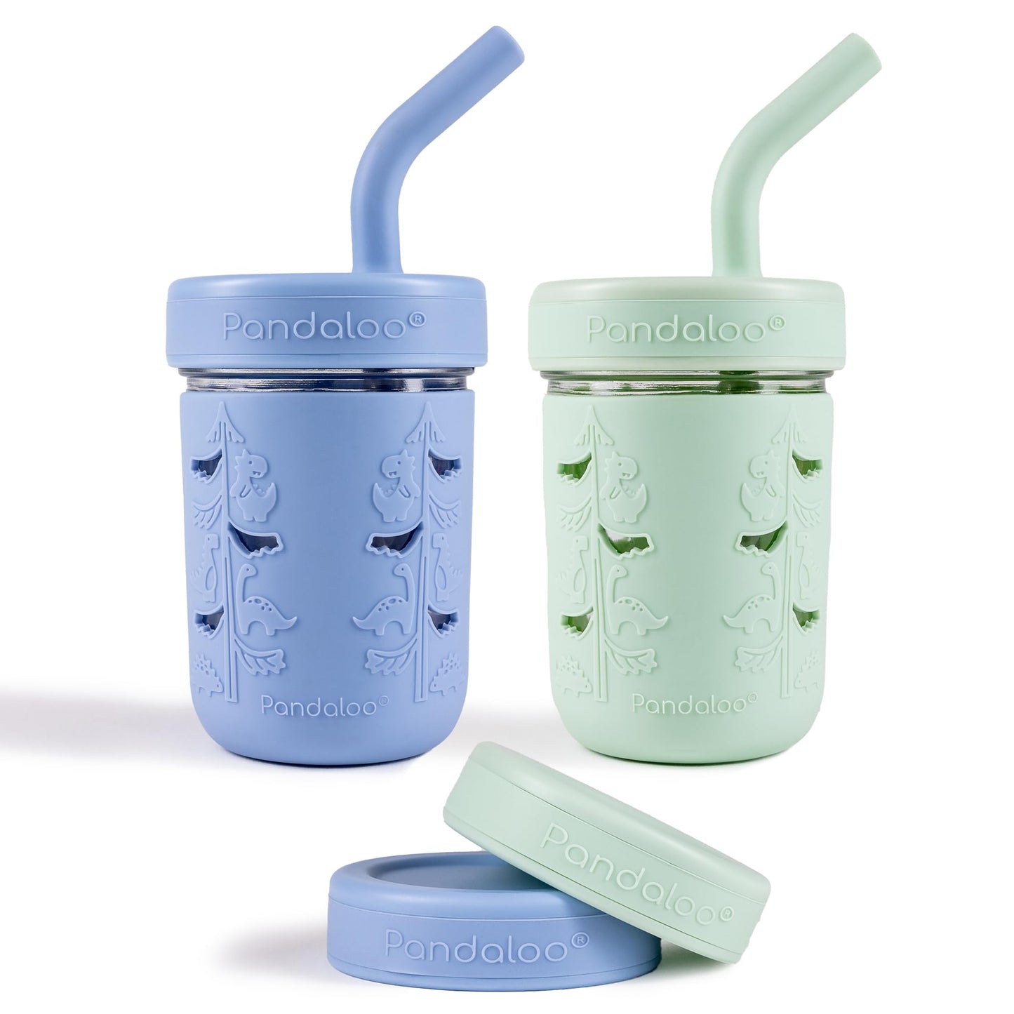 Pandaloo Mason Jar - Vaso de vidrio de 8 onzas con funda y tapas de silicona | Vasos de licuado y aperitivos resistentes a derrames para niños, sin BPA, pajita interior de acero inoxidable