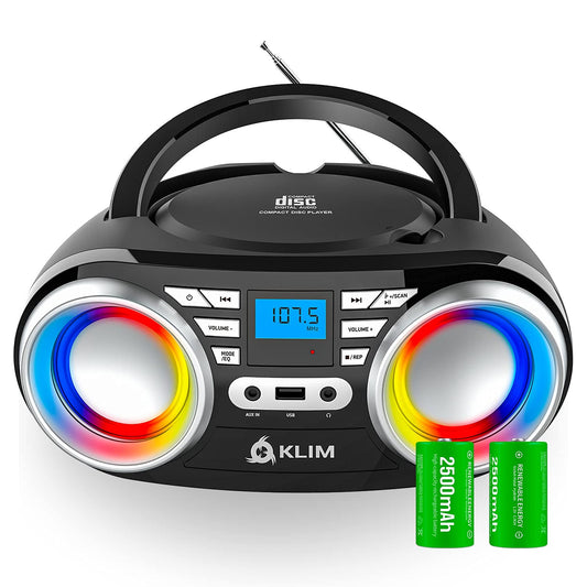 KLIM B3 CD Boombox Reproductor de CD de audio portátil, radio FM, batería recargable, Bluetooth, MP3 y AUX (renovado)