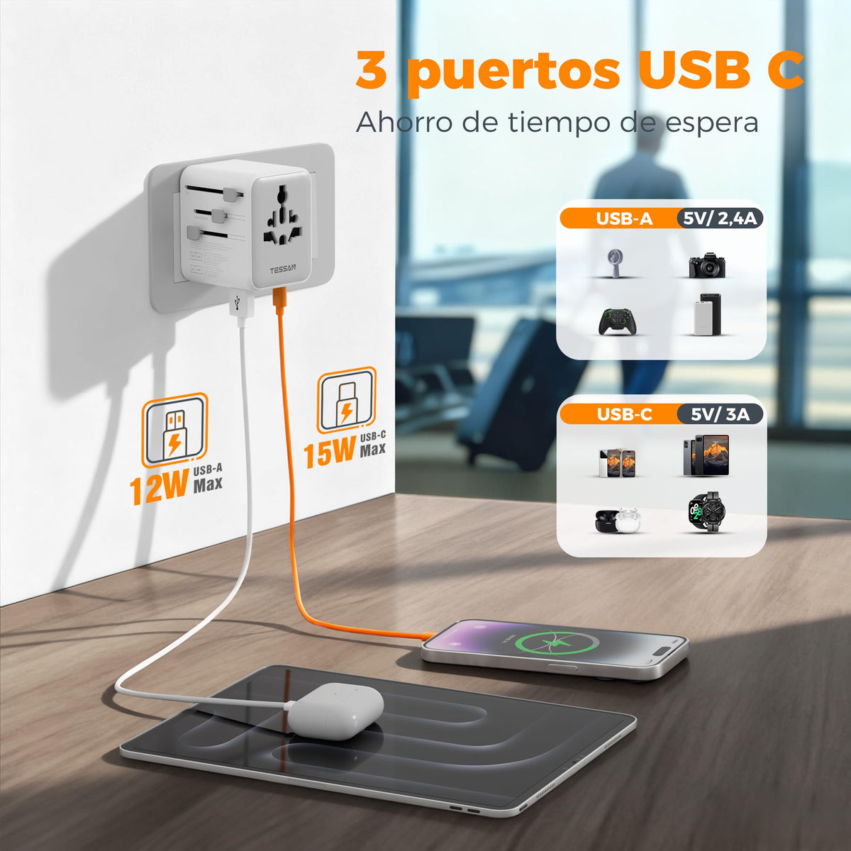 Adaptador de Viaje TESSAN Gris 28W Europeo