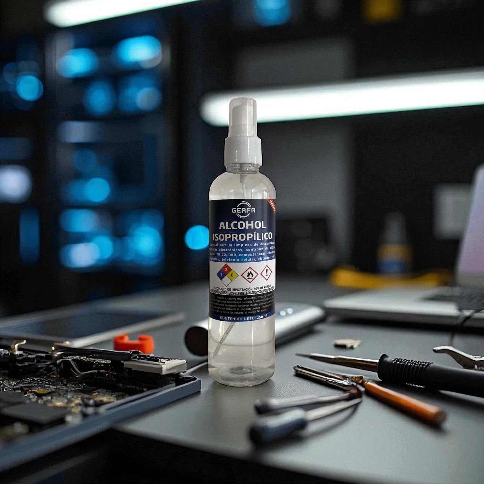 GERFA Alcohol Isopropílico 99% Puro 250ml | Limpieza Electrónica, Dispositivos, Lentes, Circuitos y Más | Evaporación Rápida y Libre de Residuos