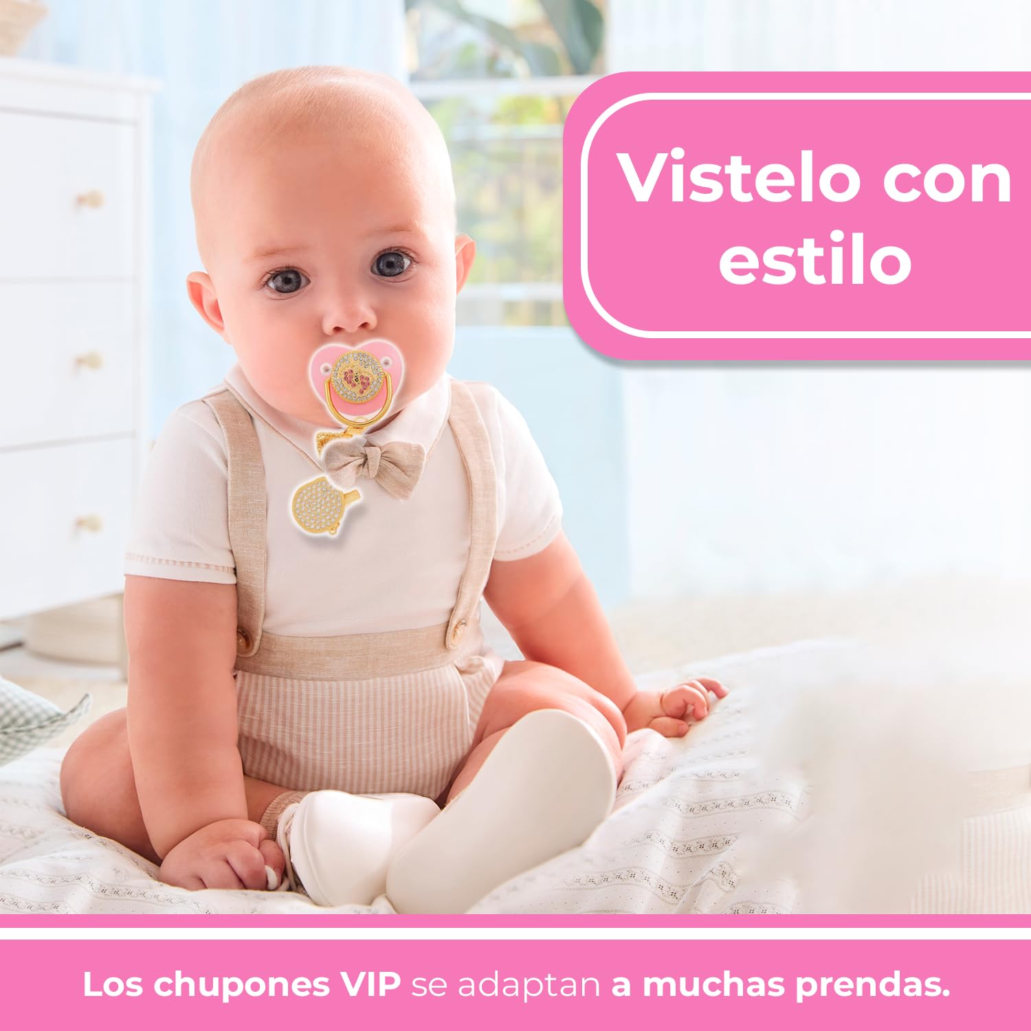 Chupón Sweet Baby Rosa Oro Diamantes Diseño VIP con Sujetador Mordedera Ergonómica Sin BPA para Bebé 0 a 18 Meses