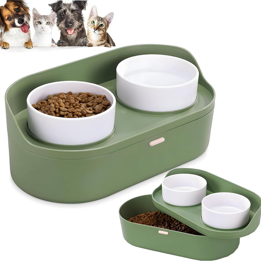 Comedero para Perro y Gatos，（2*420ML cuencos de cerámica+1*2700ML caja de almacenaje）Cuencos Elevados para Mascotas,Soporte Elevado para Cuencospara Perros y Mascotas pequeños, medianos y Grandes