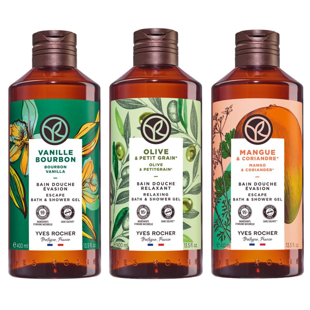 Yves Rocher MAXI TRI PACK Geles de ducha Aromas Relajantes y Estimulantes: VAINILLA FRANCESA + OLIVA Y NARANJO + MANGO Y CILANTRO de 400 ml C/U
