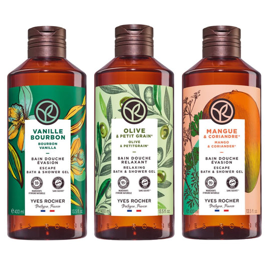 Yves Rocher MAXI TRI PACK Geles de ducha Aromas Relajantes y Estimulantes: VAINILLA FRANCESA + OLIVA Y NARANJO + MANGO Y CILANTRO de 400 ml C/U