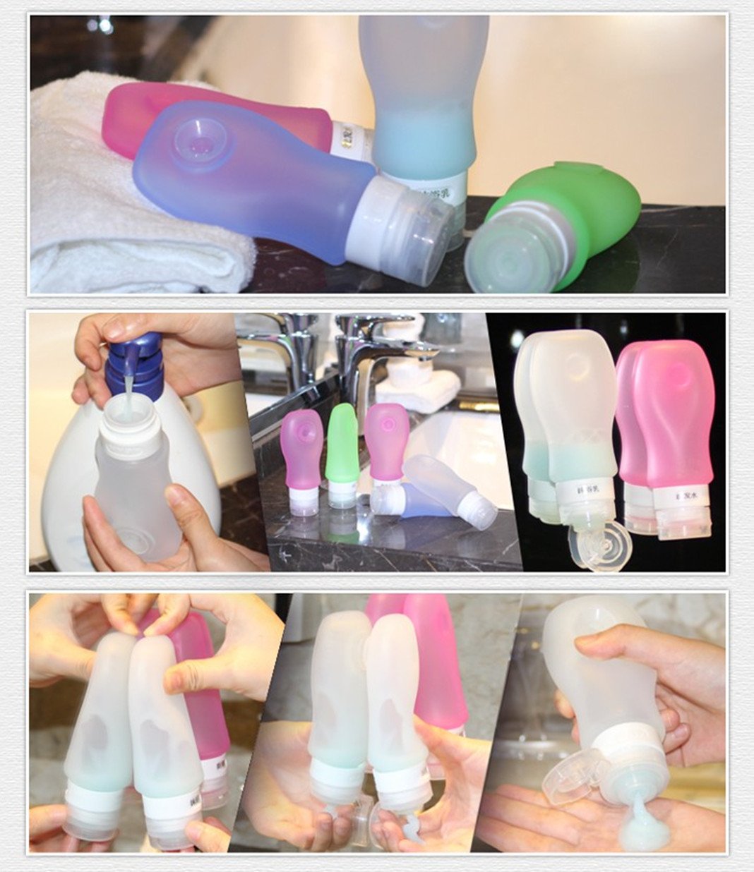 4 Pack-FNSHIP Sucker type Portable Food Grade Squeeze Silicone Liquid Travel Bottles TSA Approved For Shampoo, Conditioner, Lotion, Toiletries, Food condiment(1OZ,White+Blue+Green+Pink)