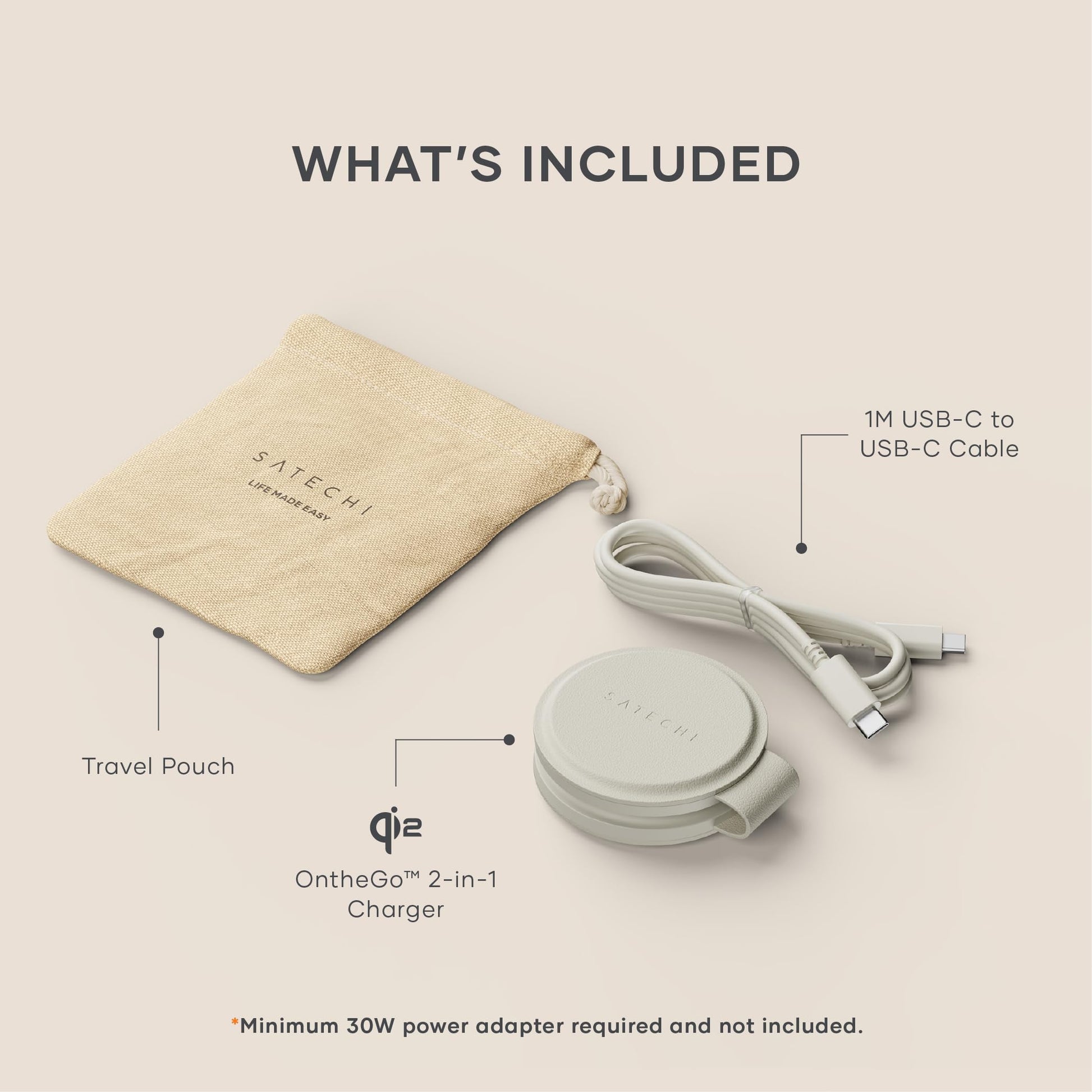 SATECHI OntheGo™ Cargador Inalámbrico 2 en 1, Cargador Portátil Qi2 con Carga Rápida de 15W para iPhone y 5W para Apple Watch, Estación de Carga Magnética de Viaje – Arena