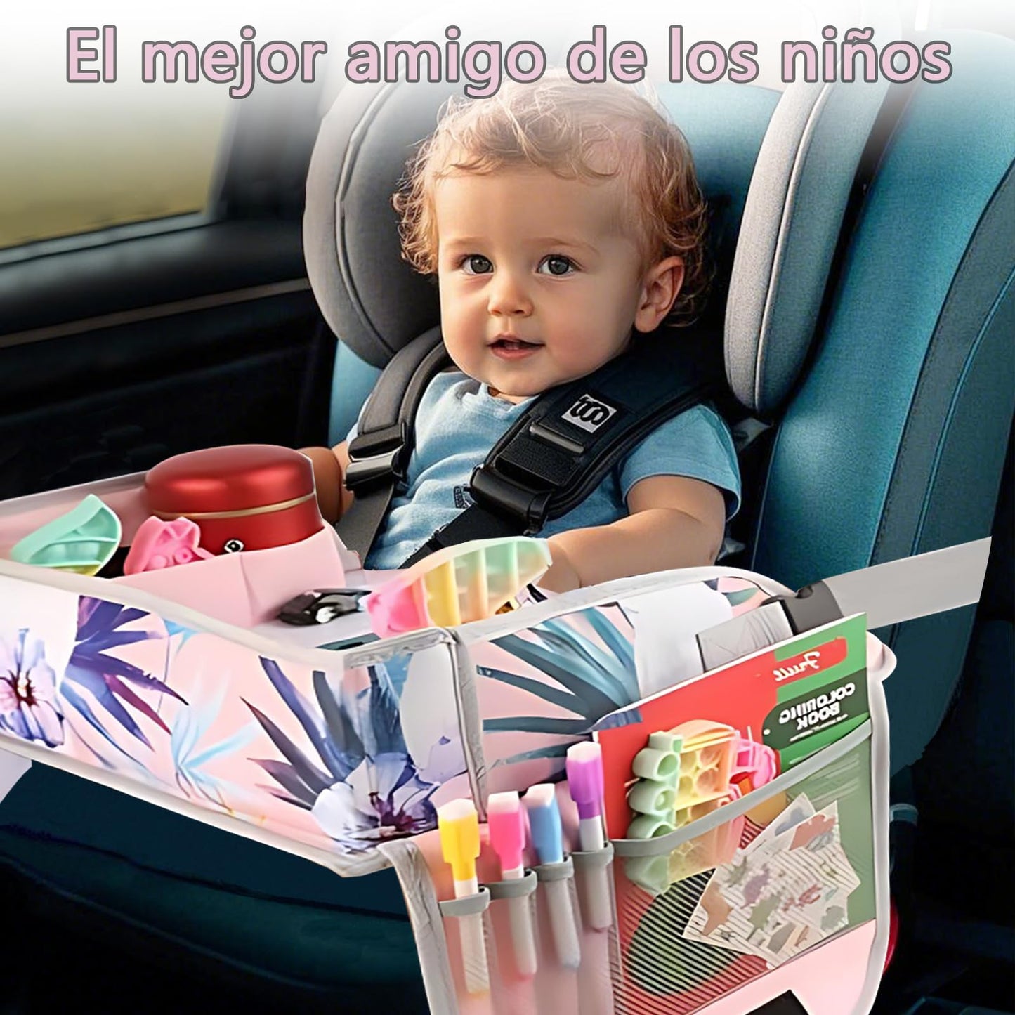 TDVCVZSD Mesa de actividades de viaje para niños,bandeja para asiento automóvil,con kit de pintura y bolsa almacenamiento,plegable y con almacenamiento,imprescindible para viajar automóviles y aviones (Selva tropical + Dragón rojo)