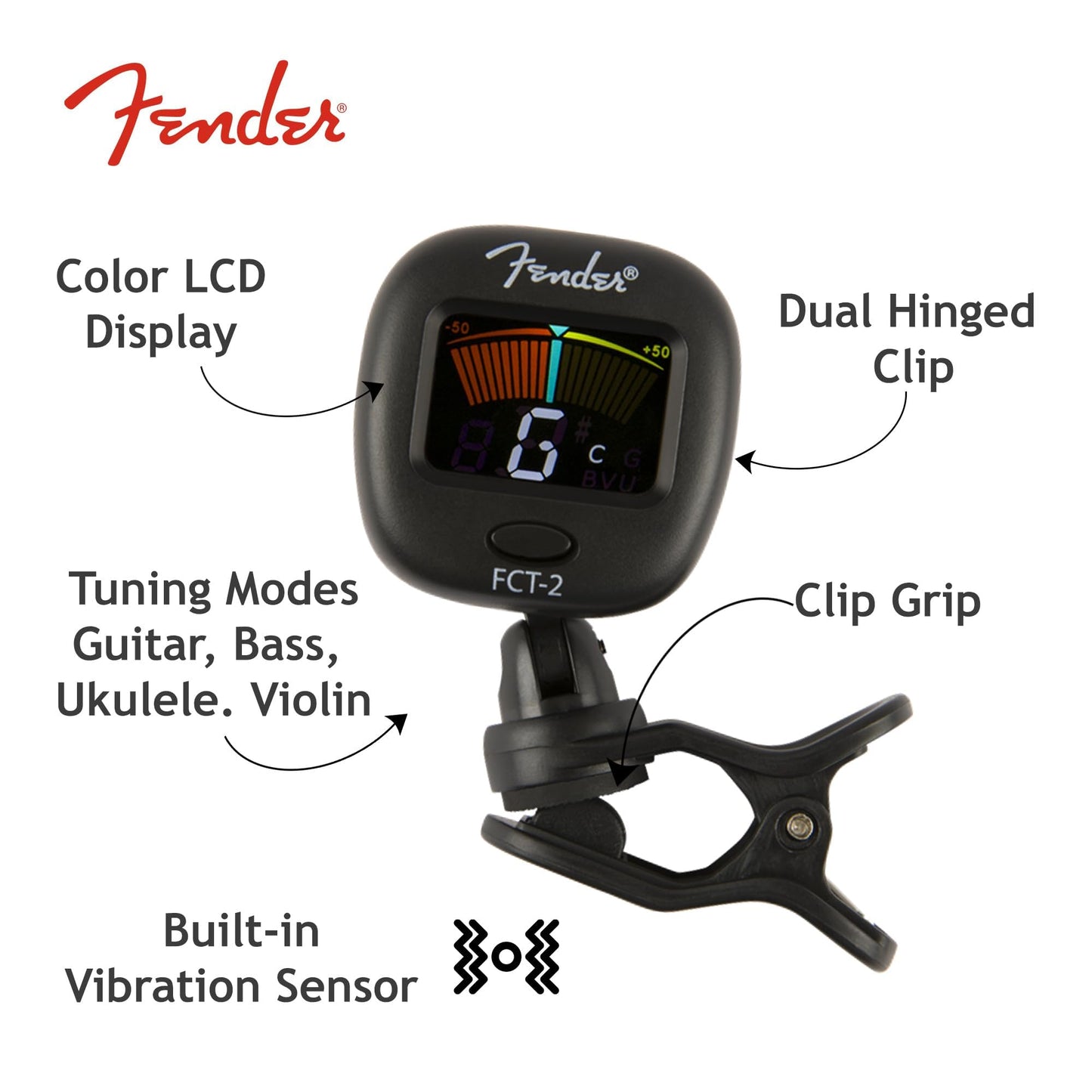 Fender FT-2 Pro Clip On Sintonizador con visualización en color para Guitarra Acústica, Guitarra eléctrica, ukelele, mandolina, violín,, Viola, Cello, mandola, de graves y Banjo