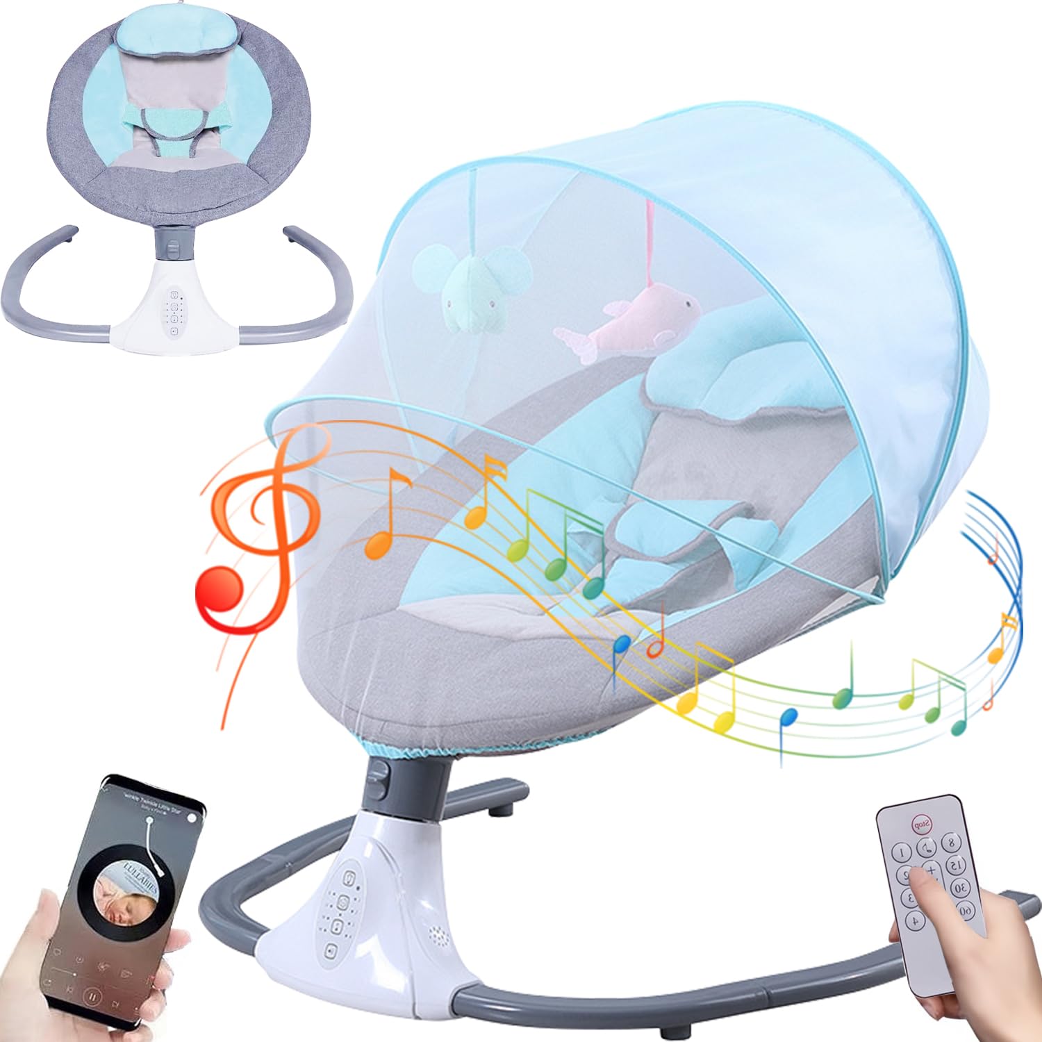 Mecedora Eléctrica AMIARYA Azul con Mando a Distancia y Bluetooth para Bebé