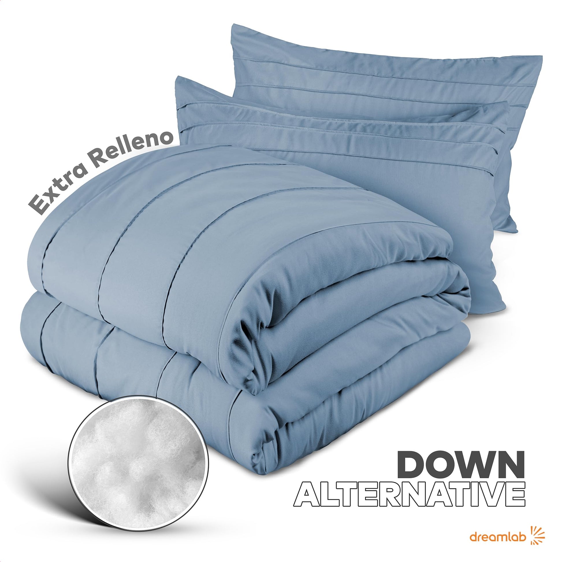 Dreamlab Juego Edredón Acolchado Reversible, Plisado, Ultra Suave, Hipoalergénico, Incluye 1 Funda de Almohada, Ideal para Todo el Año. Set 3 Pzas, Tamaño Individual 162x223cm, Azul Mezclilla
