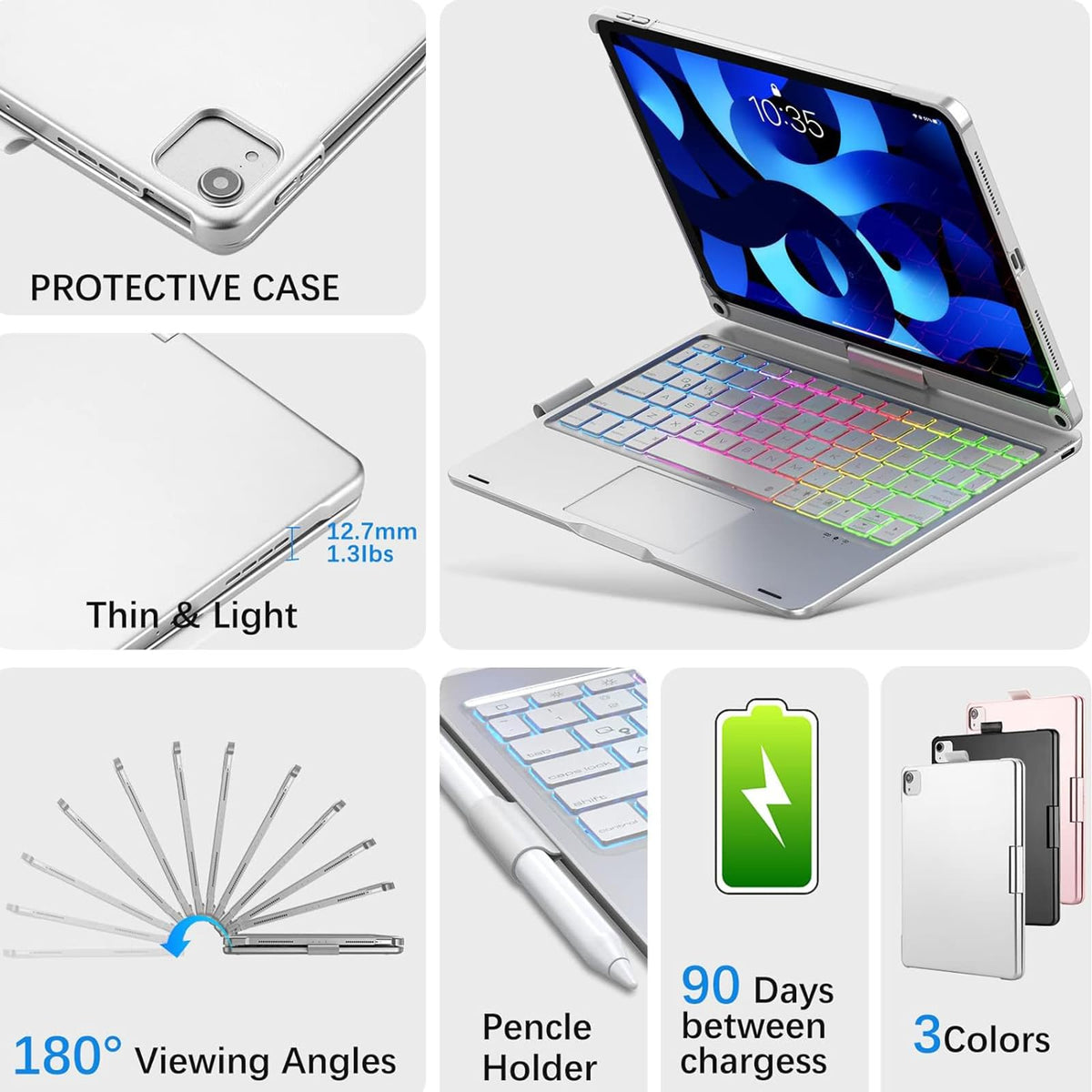 Funda con Teclado Rotación 360° zienstar Plateado Retroiluminado para iPad Air M2/M3/M4