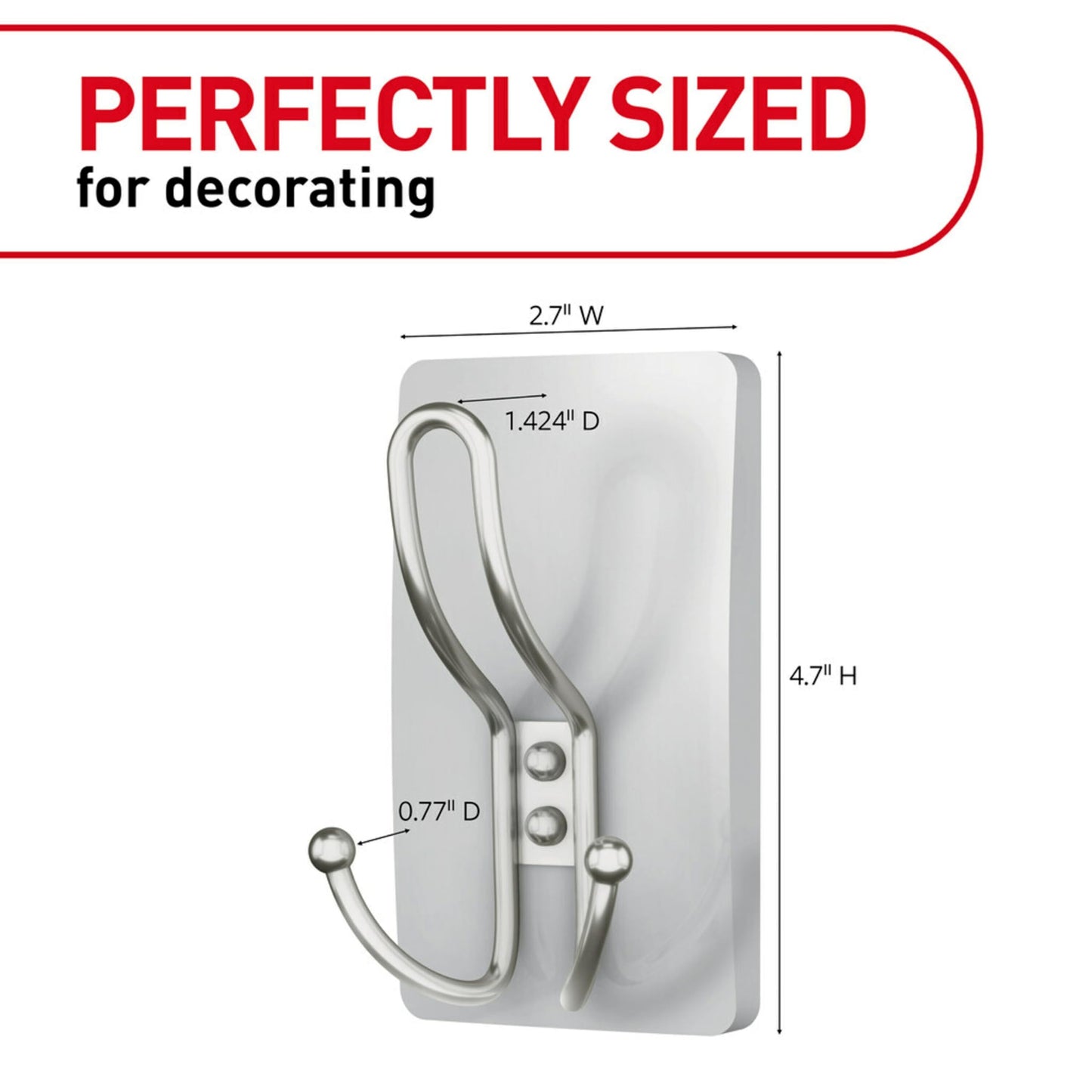 Command - Gancho Triple de níquel Satinado XL, 1 Gancho, 3 Tiras, Ganchos de Pared para Colgar sin daños con Tiras Adhesivas, Ganchos de Pared sin Herramientas para Colgar Decoraciones en Espacios