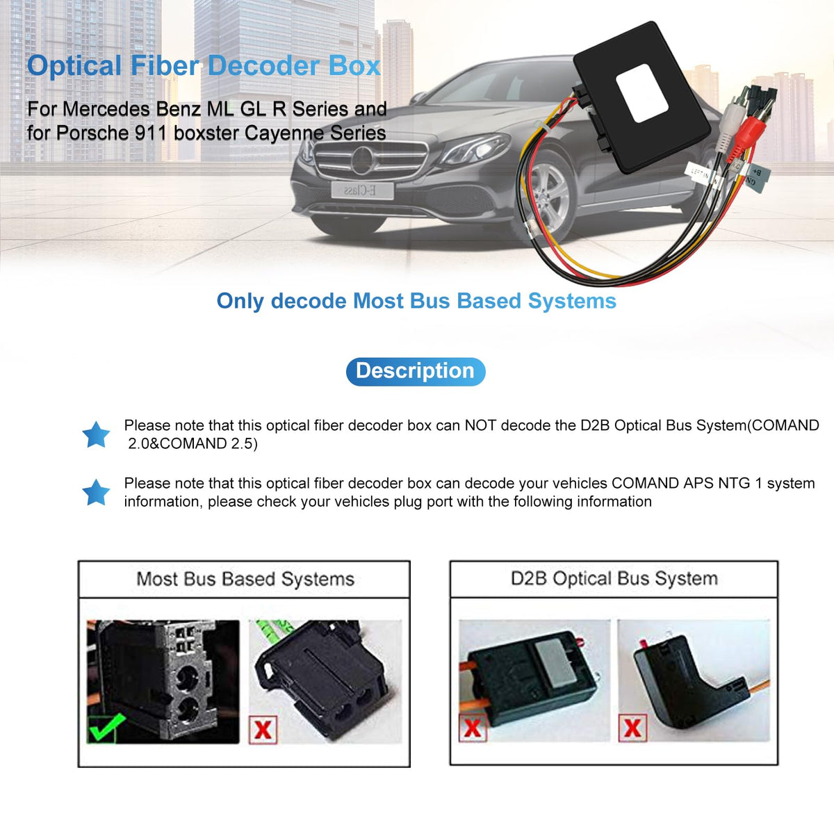 Decodificador de Fibra para Mercedes Porsche VW Adaptador de Audio Estéreo de Repuesto