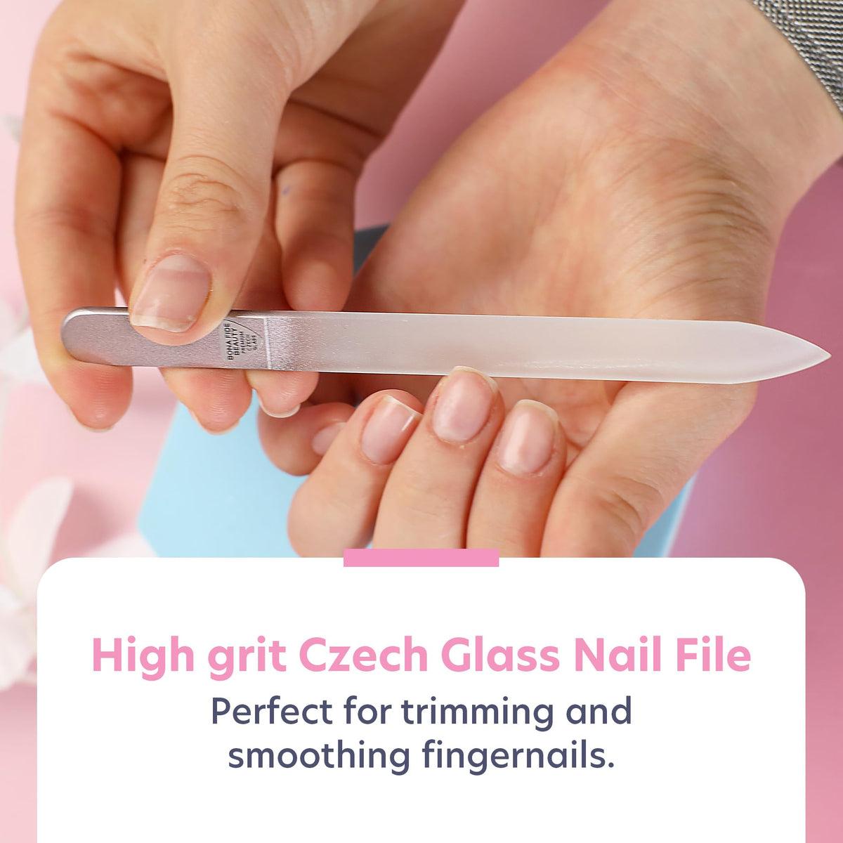 BONA FIDE BEAUTY Juego de Regalo de Pedicura de Manicura de Cristal Checo Hecho A Mano para Mujer, Juego de Regalo de 4 Piezas En Oro Rosa Con Lima de Pie de Vidrio, Empujador de Cutícula, Mini Lima y