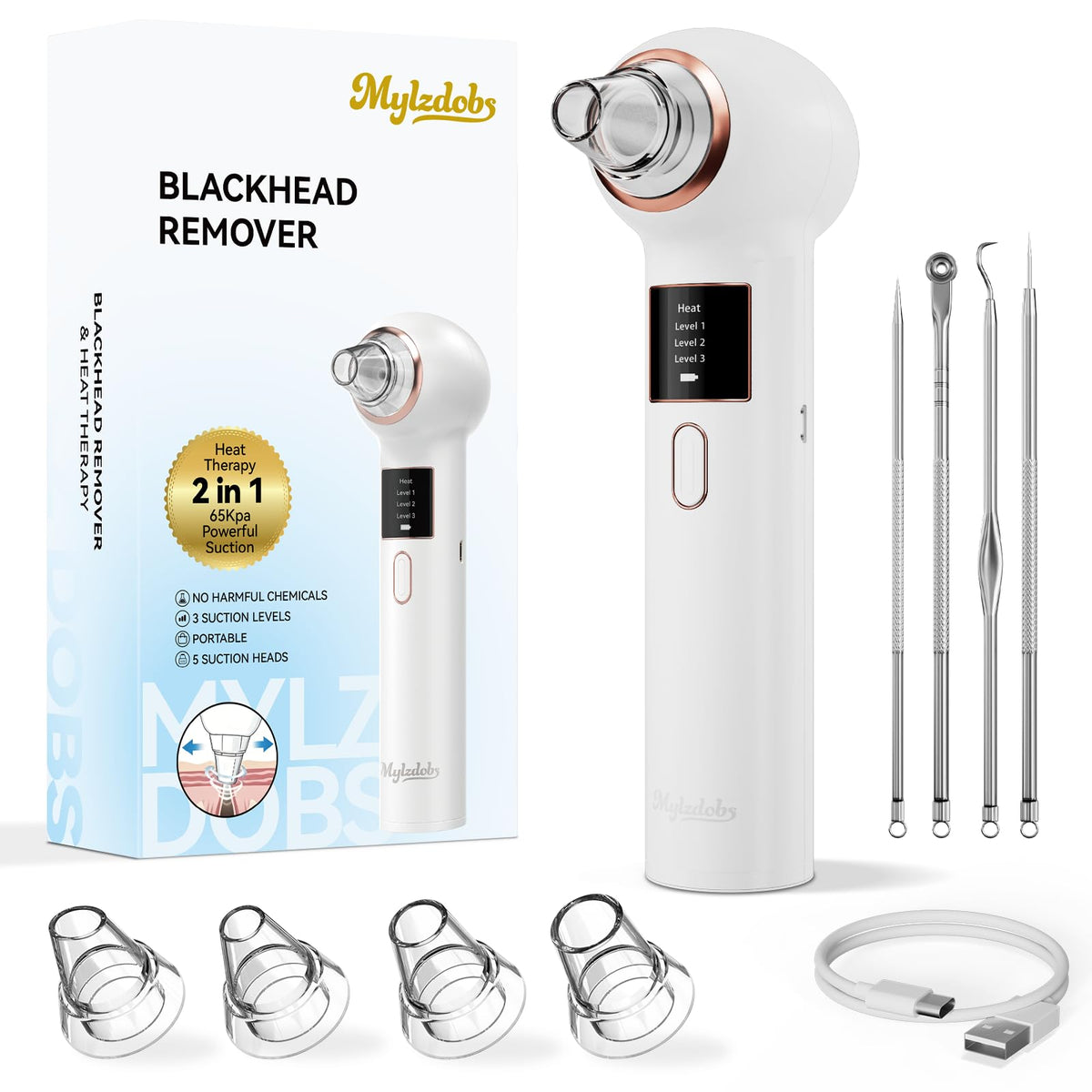 Mylzdobs Removedor de puntos negros 3+1 modos, aspirador de poros, removedor de puntos negros, removedor de cabeza negra para extractor de puntos negros, herramienta extractor de poros con 5 cabezales