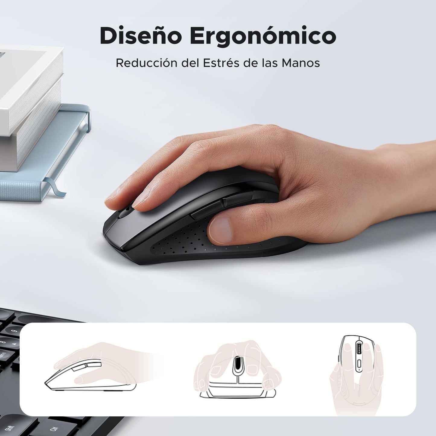 Mouse Inalámbrico UGREEN Negro Ergonómico con DPI Ajustable para PC y Portátil