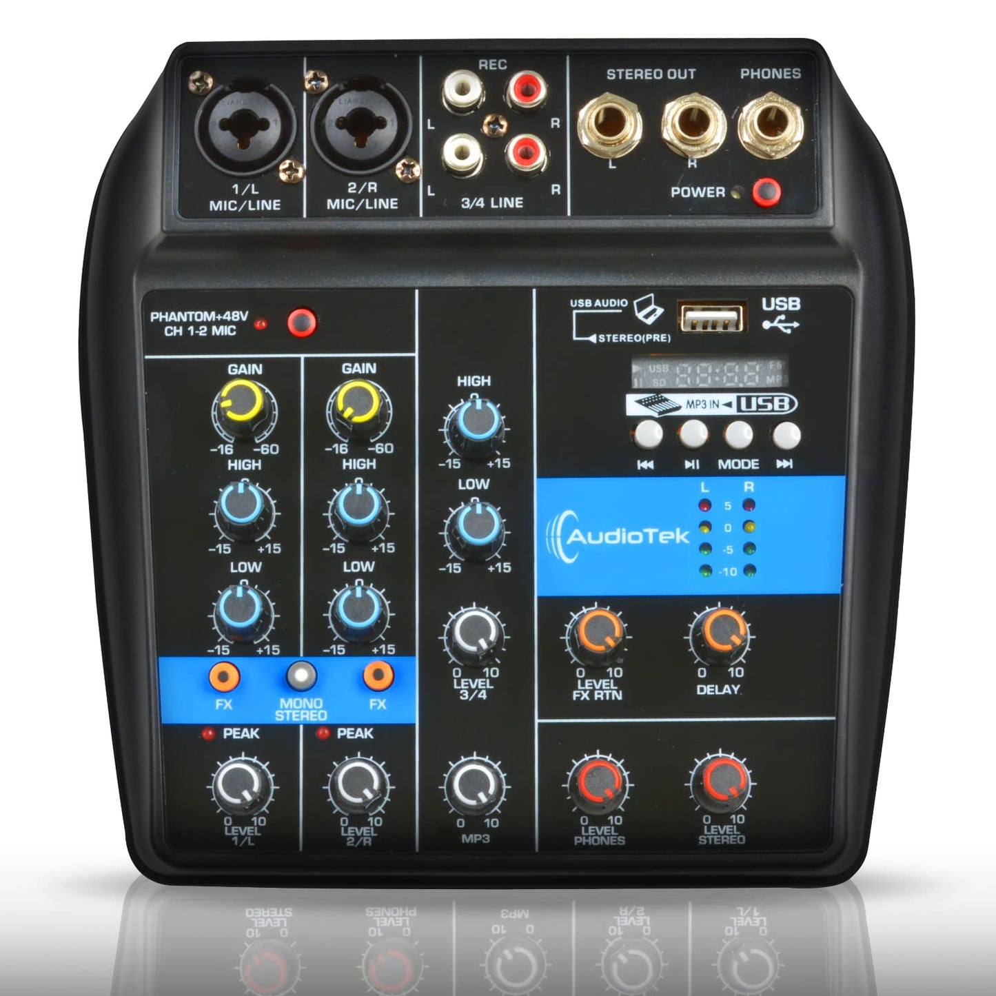 AUDIOTEK Mezcladora de Sonido 4 Canales Control de Efectos Mixer USB Interfaz Bluetooth DJ Potencia de 10 W Conexion Audifonos Phantom Power Consola de Audio Mezcladoras Reproductor y Grabador MP3