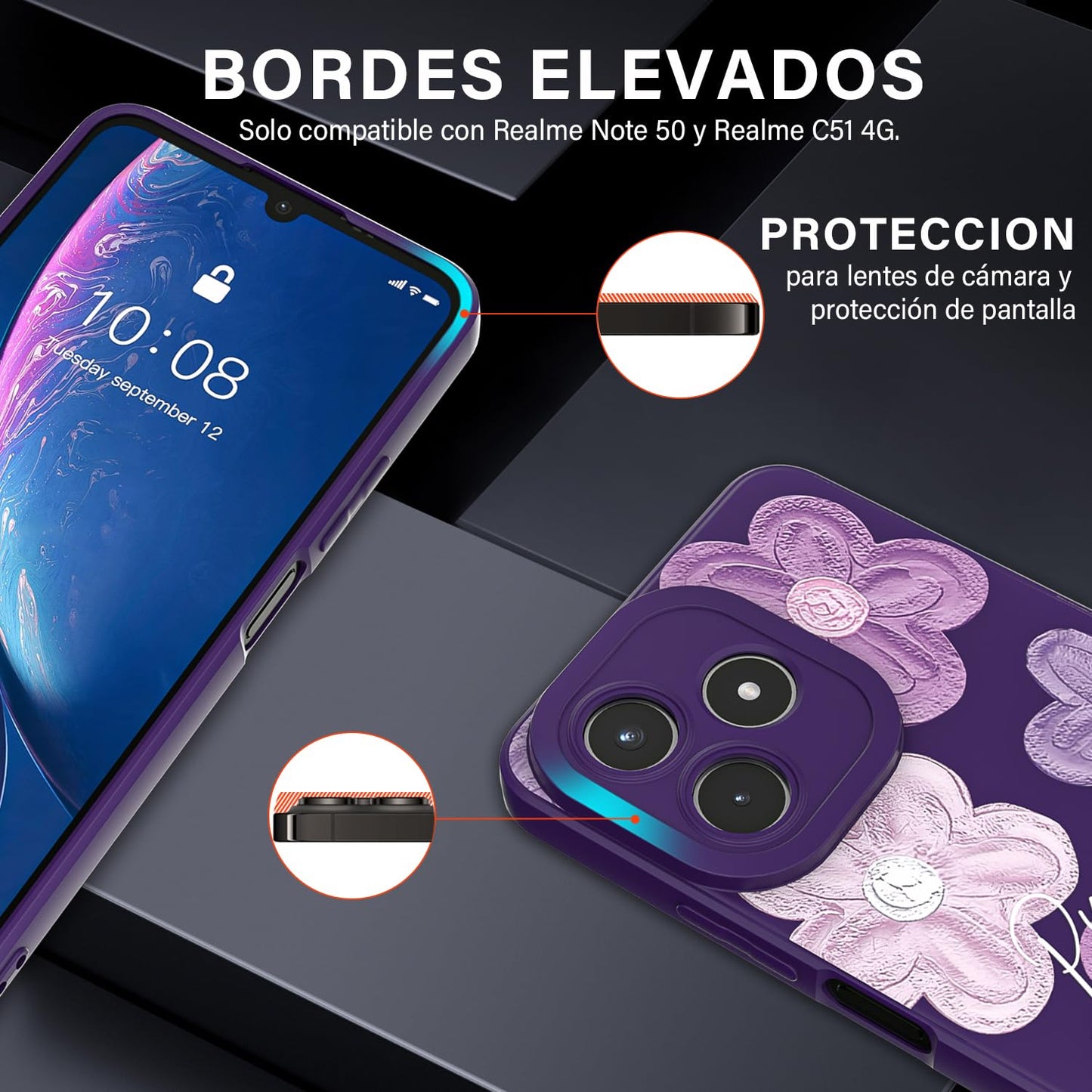 Threehao Funda para Realme Note 50 Case Uso Rudo, Ultra Delgado Flexible Púrpura Suave TPU Silicona Carcasa con Moda Aesthetic Dibujos Flores, Antigolpes Anti-arañazos Protectora