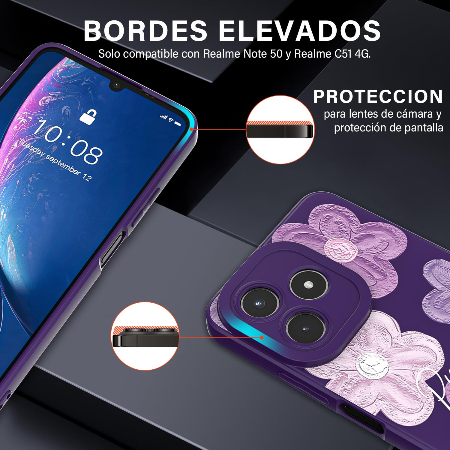 Threehao Funda para Realme Note 50 Case Uso Rudo, Ultra Delgado Flexible Púrpura Suave TPU Silicona Carcasa con Moda Aesthetic Dibujos Flores, Antigolpes Anti-arañazos Protectora