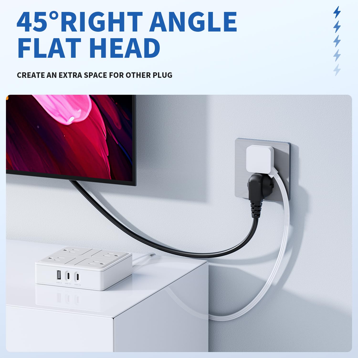WENTONG Regleta Multicontacto Enchufe Plano, 1.2M Extension Electrica con 4 Salidas CA y 3 Puertos USB，Conector Multiple con Multicontacto USB C, Hogar Oficina Dorm Crucero Travel Essentials