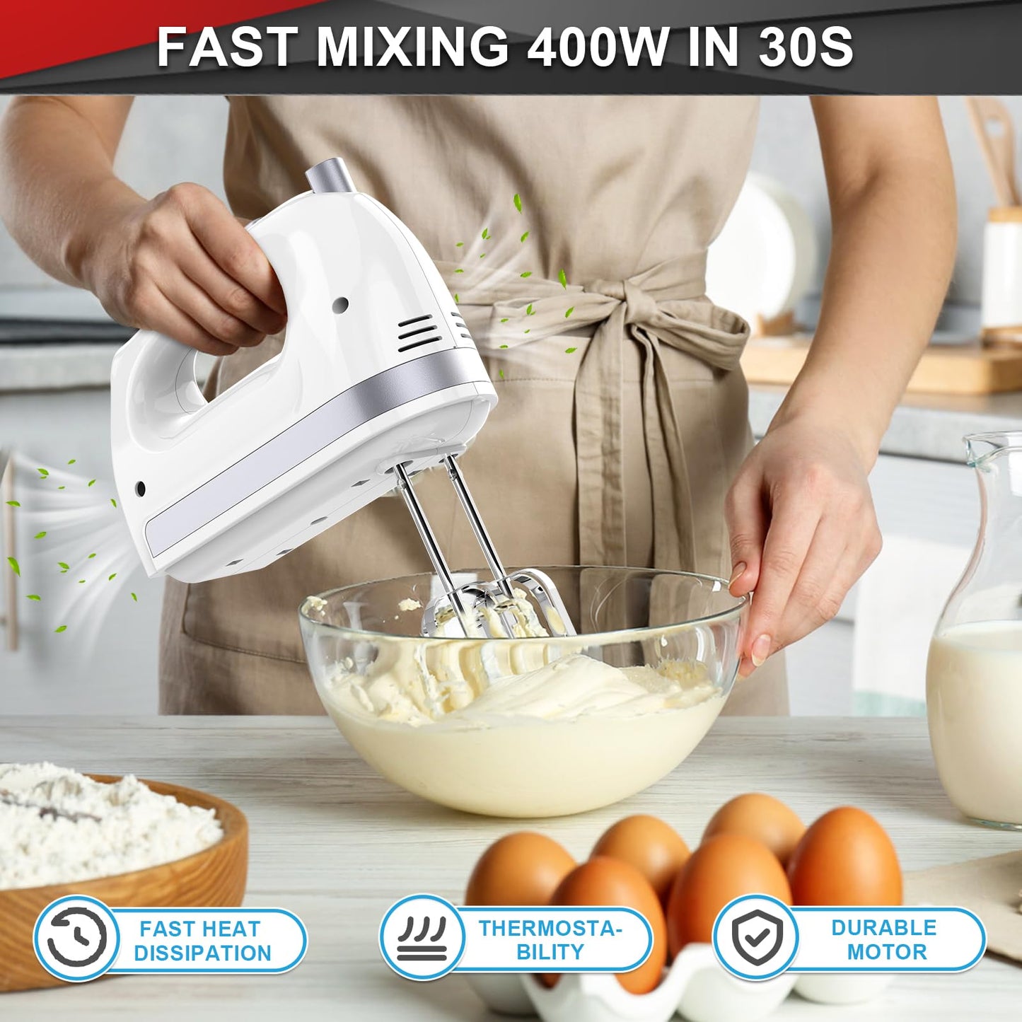 Lord Eagle - Mezclador de mano eléctrico de 400 W, 5 velocidades, 5 accesorios de acero inoxidable para hornear pasteles, crema de huevo, batidor de alimentos, Turbo Boost/velocidad de autocontrol +