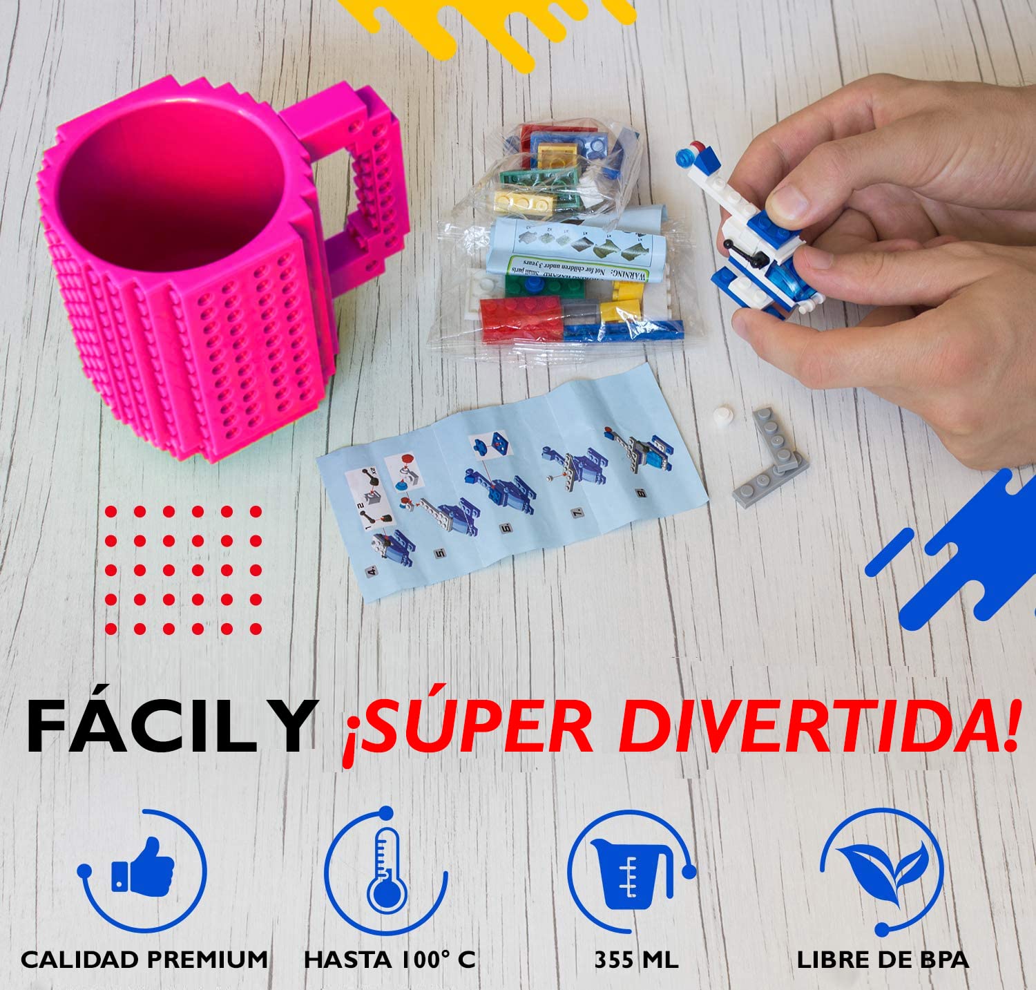 John & John Taza armable de diseño Divertido para Ladrillos, Incluye un muñeco y 2 Sets de Bloques de construcción para Jugar (10 Colores) - Rosa Fucsia