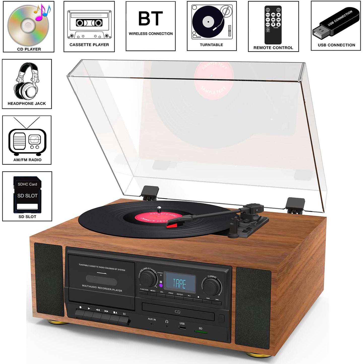 Boytone BT-38SM - Sistema de tocadiscos clásico Bluetooth, radio AM/FM, reproductor de CD/casete, 2 altavoces estéreo integrados, grabación de vinilo, radio y casete a MP3, ranura SD, USB, AUX.