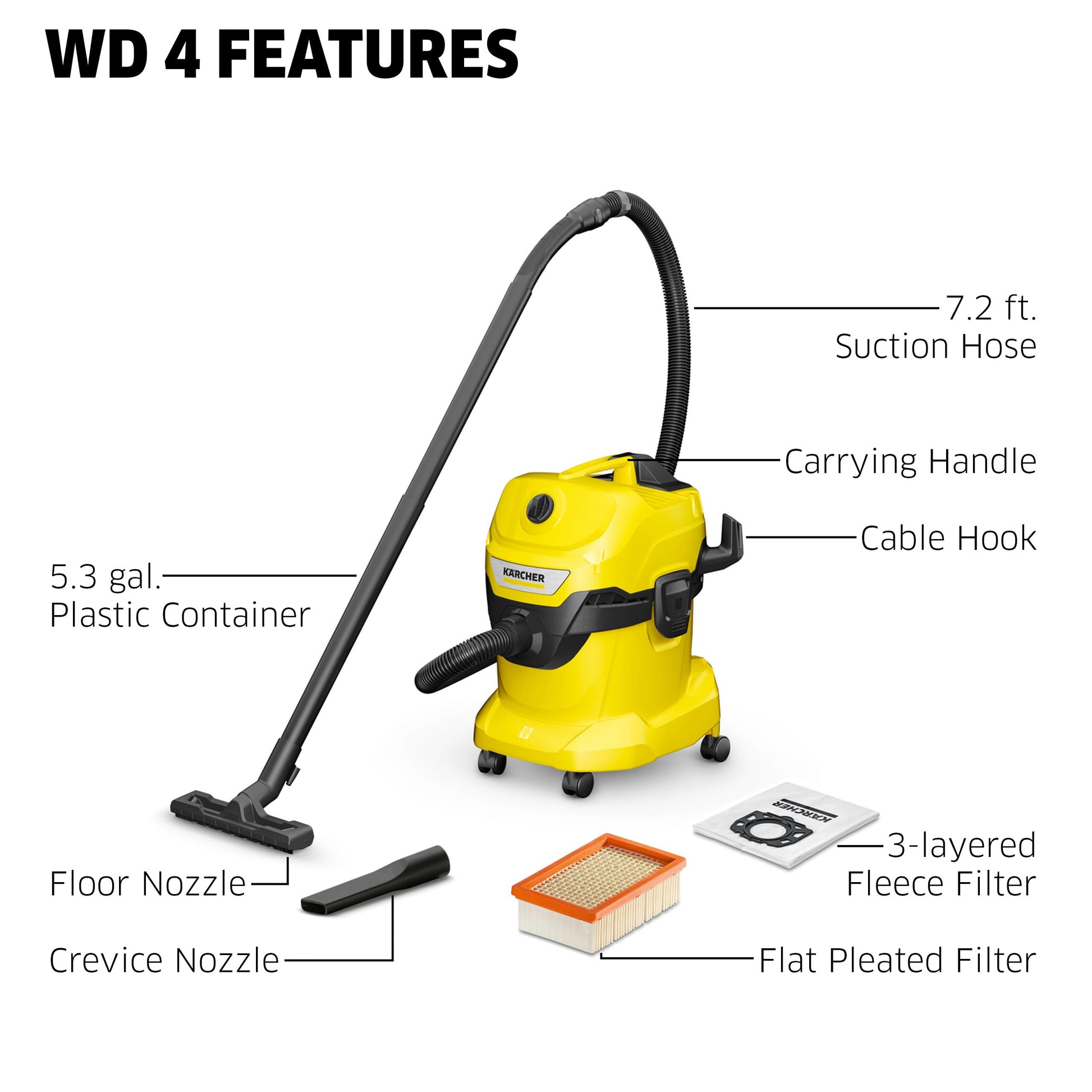 Kärcher WD 4 - Aspiradora Multiusos para Secado en húmedo - 5.3 galones - con Accesorios, diseño de Ahorro de Espacio, 1100 W - Edición 2022, Amarillo