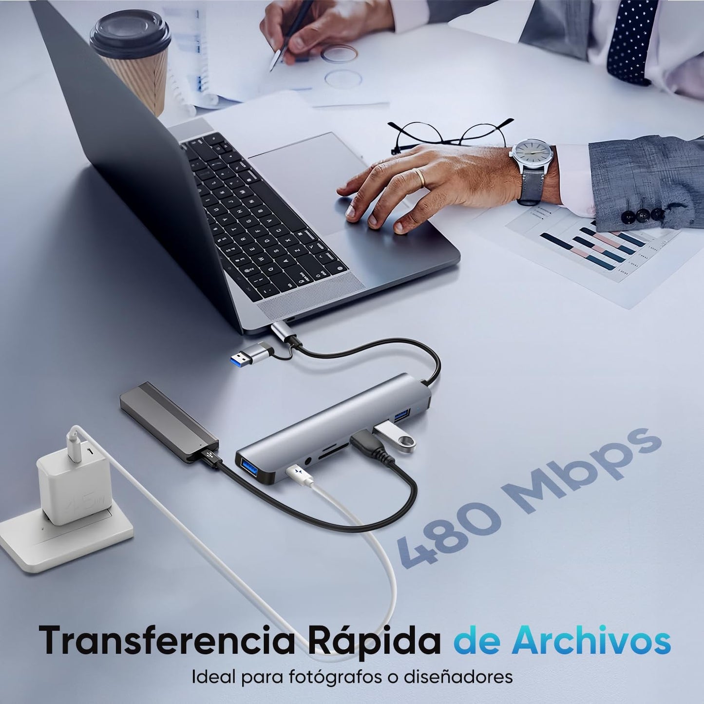 Hub USB C de 8 Puertos,Adaptador USB C Multipuerto,1 USB 3.0, 3 USB 2.0, Jack 3,5mm, USB C Datos Puerto, Lector Tarjeta SD/TF, para MacBook, Mac Pro, iMac, Surface Pro, XPS, PC,Flash Drive, Mobile HDD