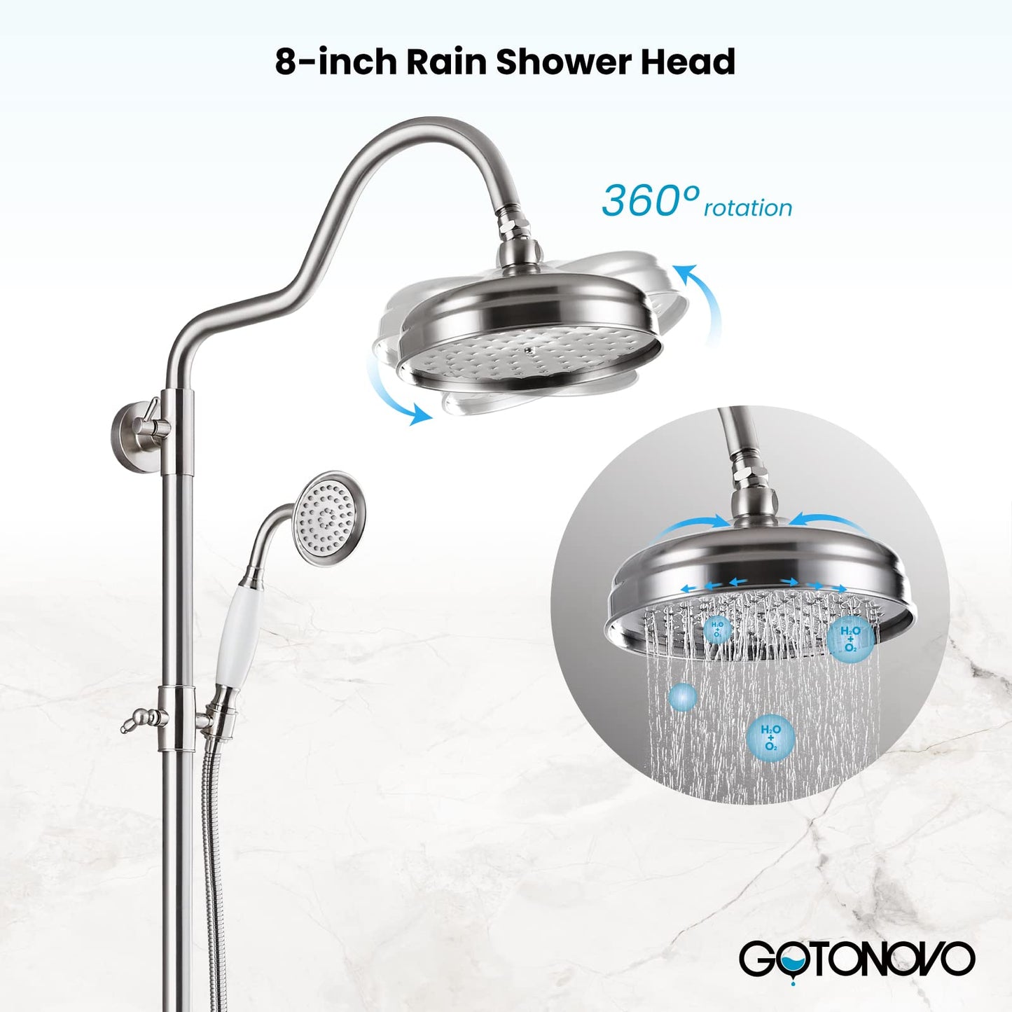 Gotonovo - Sistema de ducha de baño expuesto, accesorio de ducha clásico de 8 pulgadas, cabezal de ducha de lluvia de mano, llenador de tina de latón de 3 funciones, montaje en pared, doble perilla de