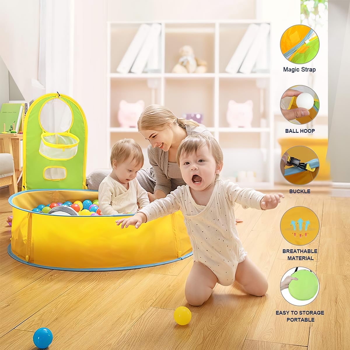 FBSPORT Tienda de campaña de playa para bebé, refugio solar portátil, tienda de campaña para niños, piscina infantil, protección UPF 50+ con aro de baloncesto