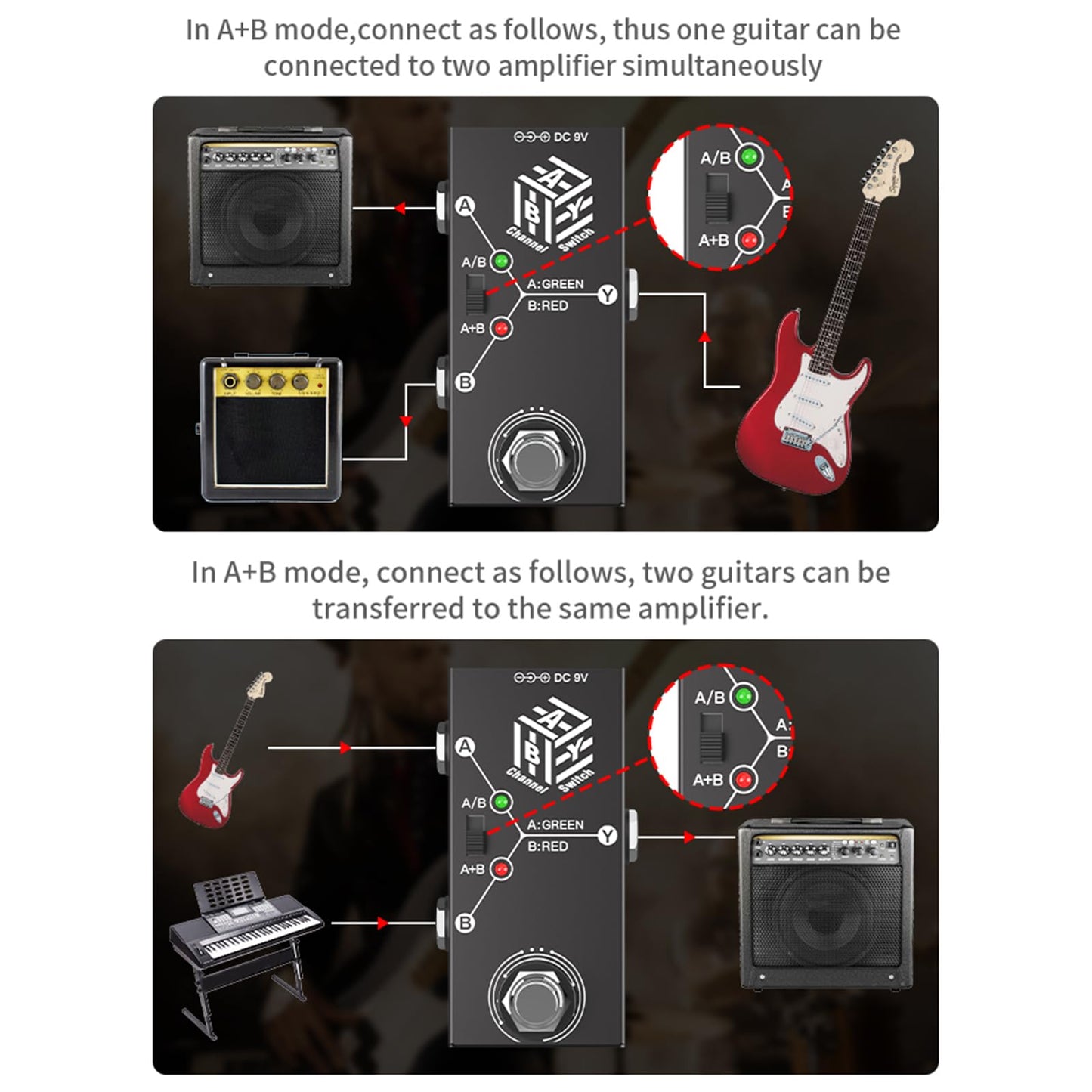 BUZHI Pedales de guitarra ABY Box Selector de línea AB Switch Mini pedal de efecto de guitarra Transmisión bidireccional Carcasa de metal Soporte antideslizante Modos A/B o A y B