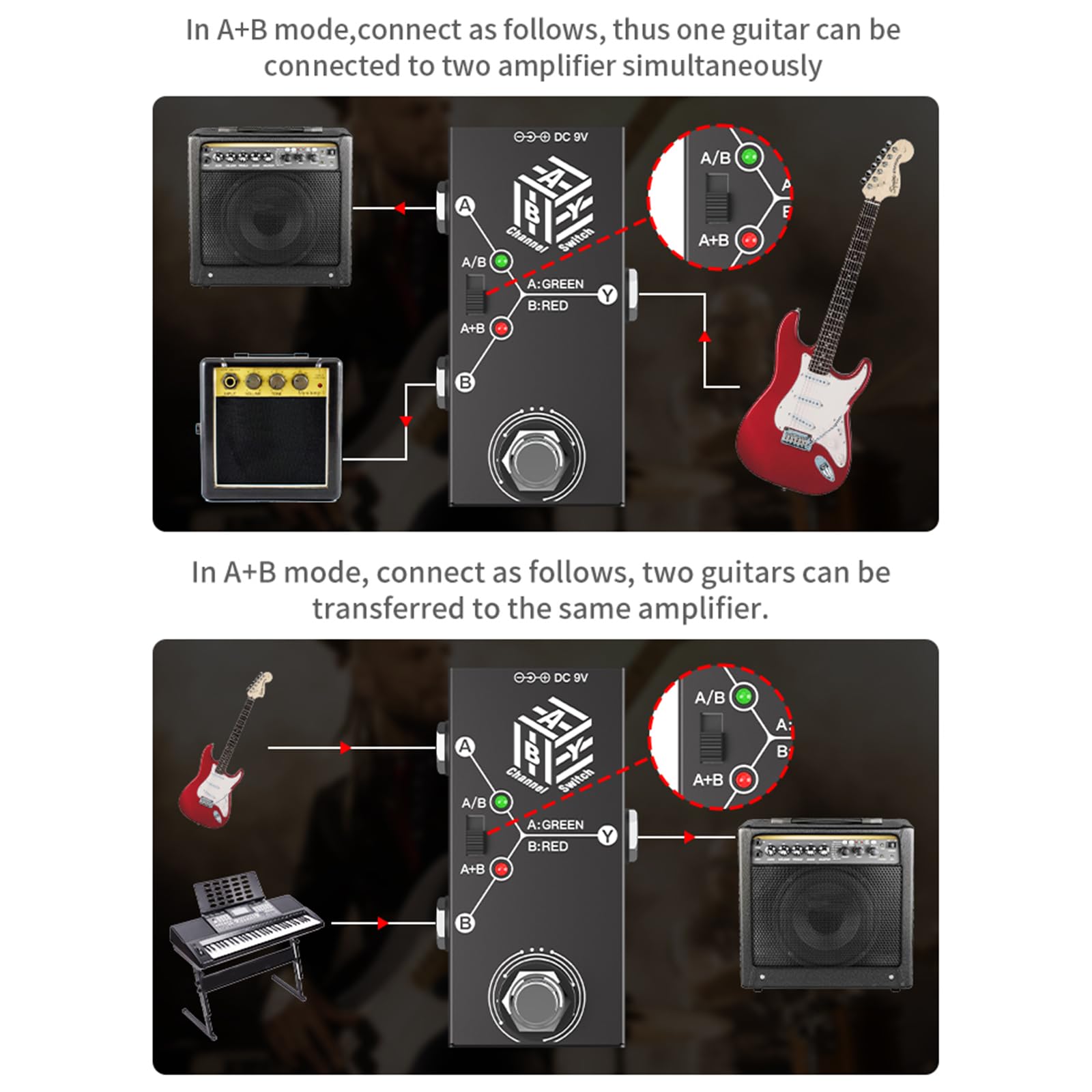 BUZHI Pedales de guitarra ABY Box Selector de línea AB Switch Mini pedal de efecto de guitarra Transmisión bidireccional Carcasa de metal Soporte antideslizante Modos A/B o A y B