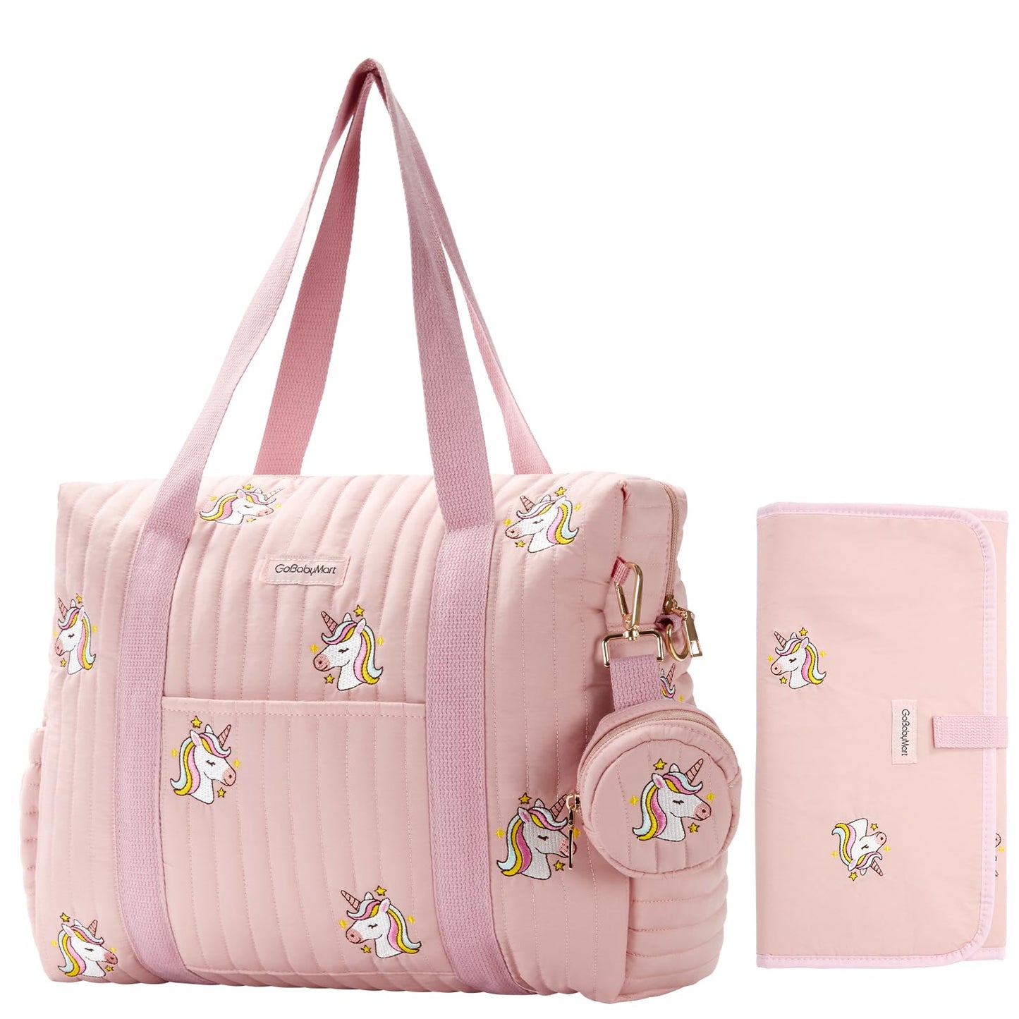GOBABYMART - Juego de 3 bolsas de pañales con cambiador y estuche para chupete, bolsa de viaje de maternidad de algodón (mediano - unicornios rosa)