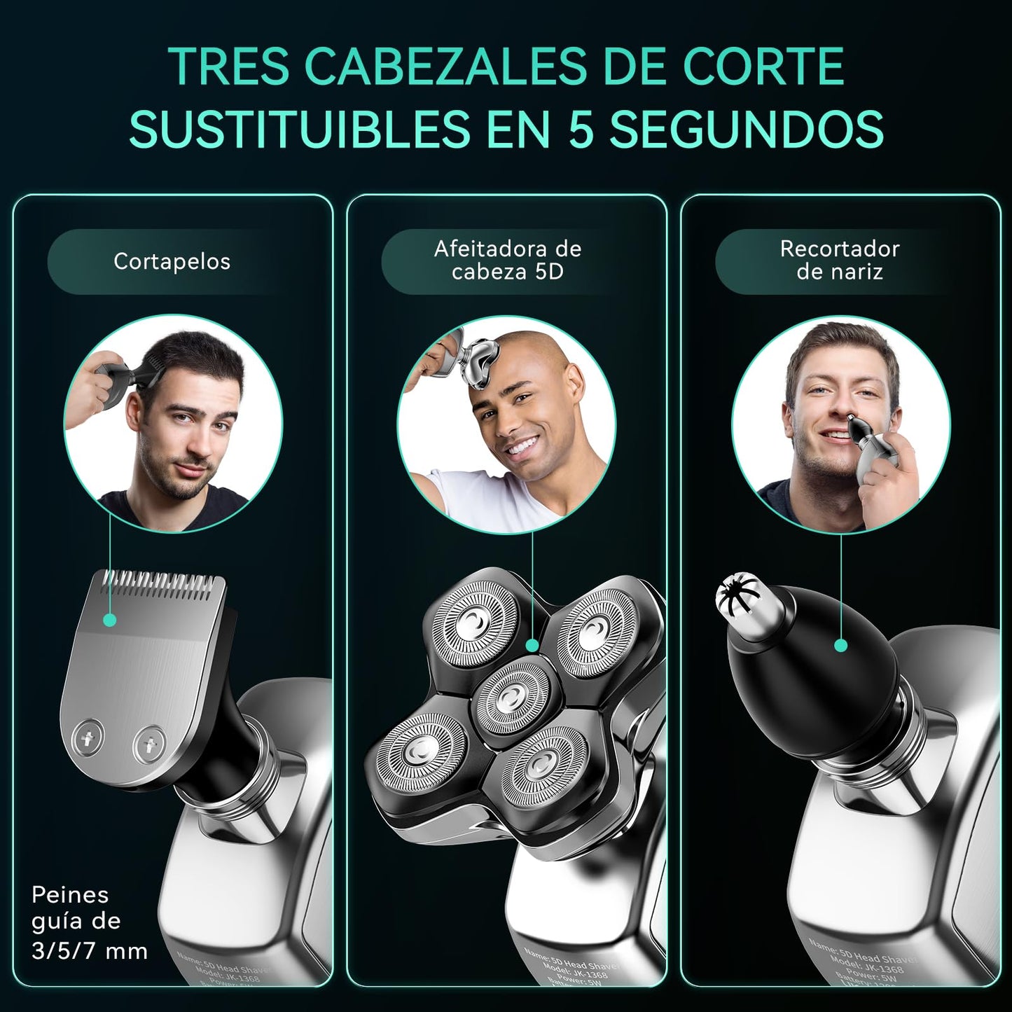Rasuradoras para Hombre 3 en 1, Kensen Afeitadora Cabeza Hombre IPX6 Impermeable, Maquina Afeitar Cabeza con Cabezales Magnéticos 5D, Cortapelos Barba y Nariz, Afeitado en Seco y Húmedo, Carga USB-C