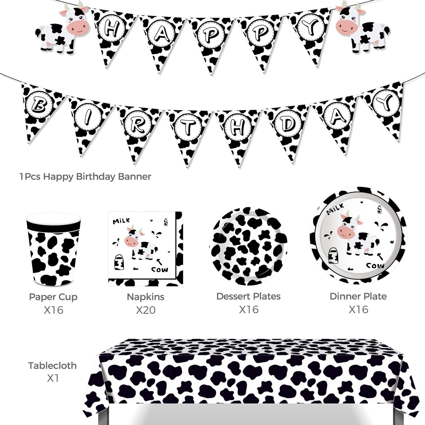 Decoraciones de fiesta de feliz cumpleaños de vaca, suministros de fiesta con estampado de vaca para niños, incluye platos, servilletas de papel, mantel, juego de fiesta temática de animales para