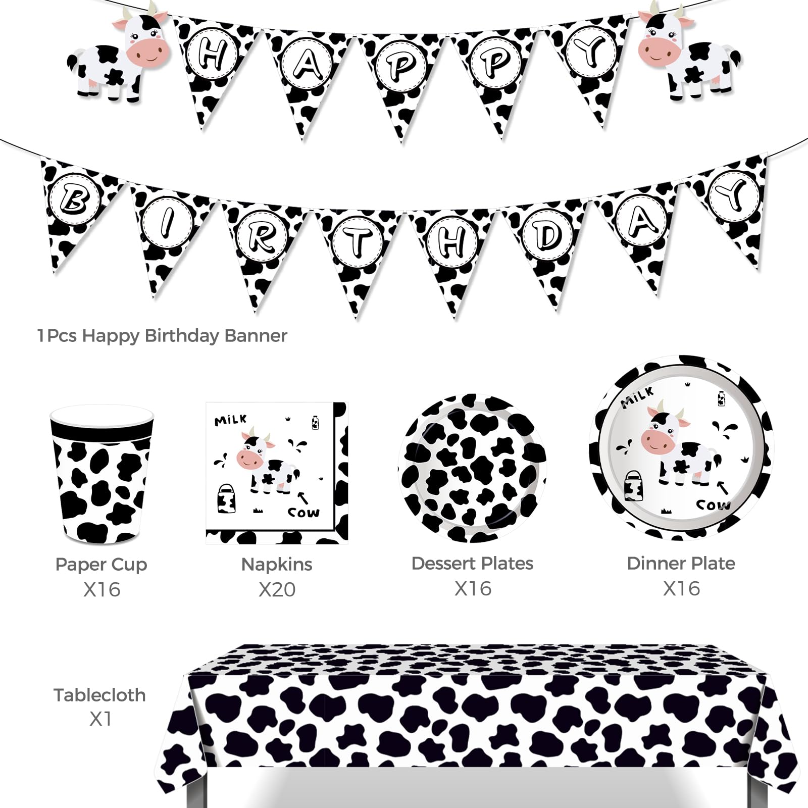 Decoraciones de fiesta de feliz cumpleaños de vaca, suministros de fiesta con estampado de vaca para niños, incluye platos, servilletas de papel, mantel, juego de fiesta temática de animales para