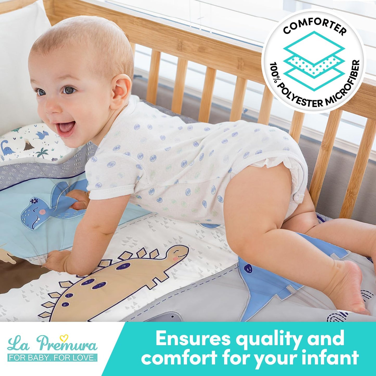 La Premura - Juego de cama para cuna de bebé para niños, juego de edredón de 3 piezas de tamaño estándar de dinosaurio, gris/azul, ropa de cama unisex para guardería y decoración neutra