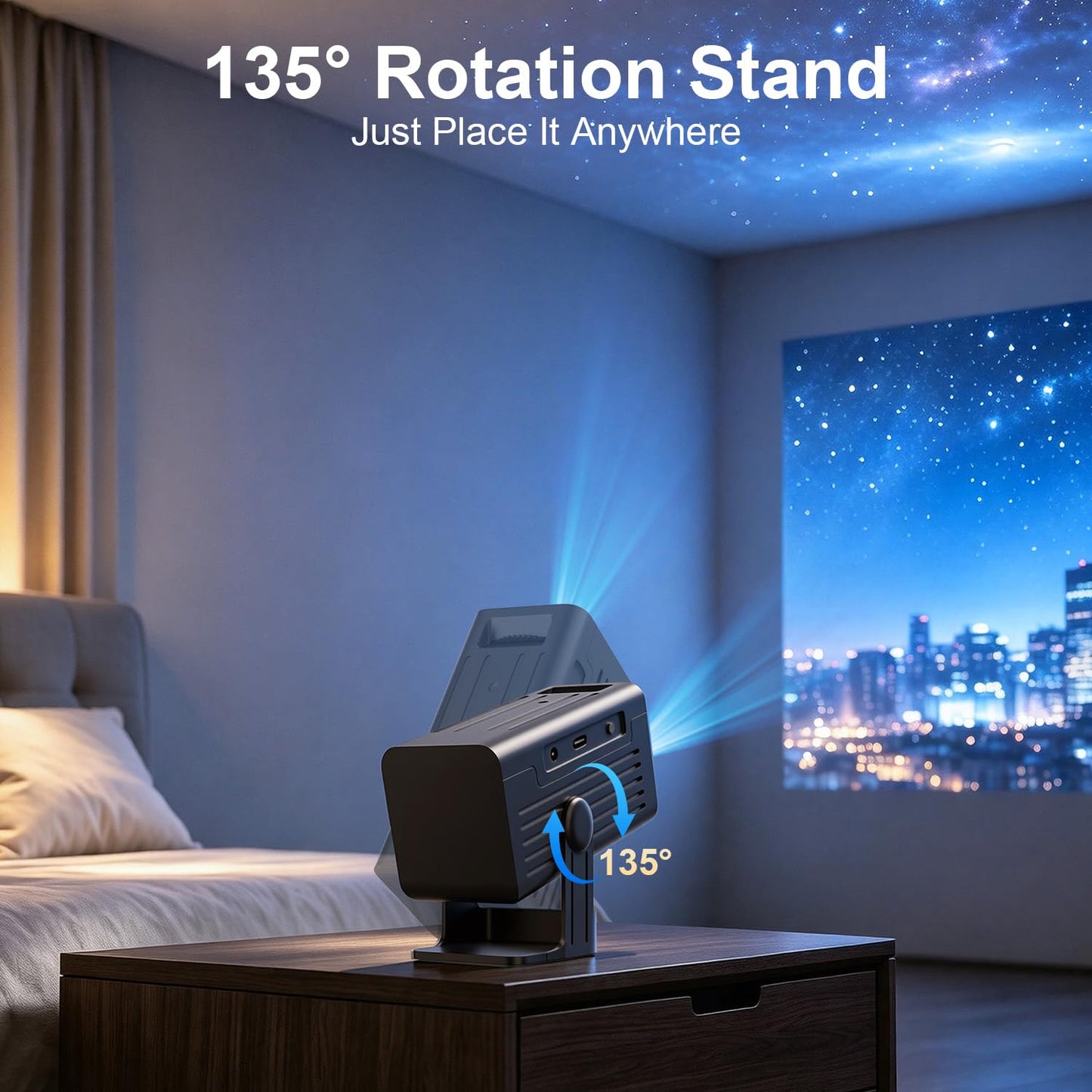 Miniproyector con WiFi y Bluetooth, Compatible con 4K, 260 ANSI lúmenes, proyector portátil Inteligente, corrección Trapezoidal automática, rotación de 135 Grados, proyector de Video para Exteriores