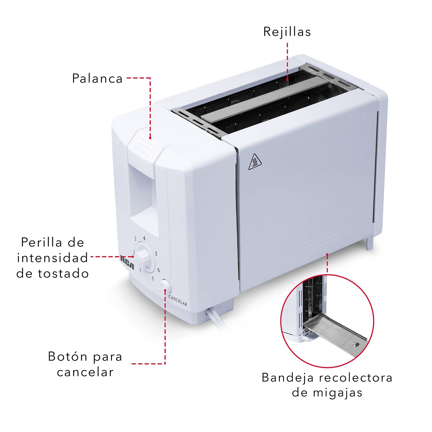 Tostador de Pan RCA, 2 ranuras, siete niveles de temperatura, boton para cancelar, bandeja de residuos extraible, blanco, modelo RC-T1