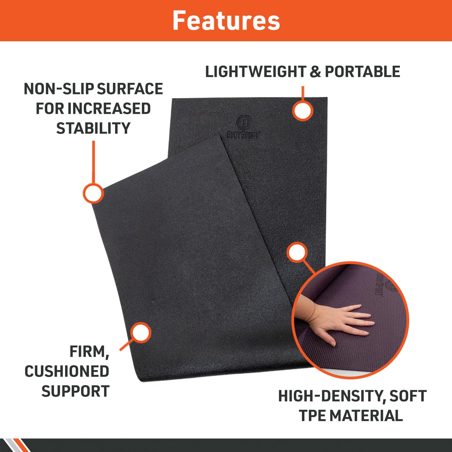 Body Sport Yoga and Fitness Mat, 1/4-Inch, Black