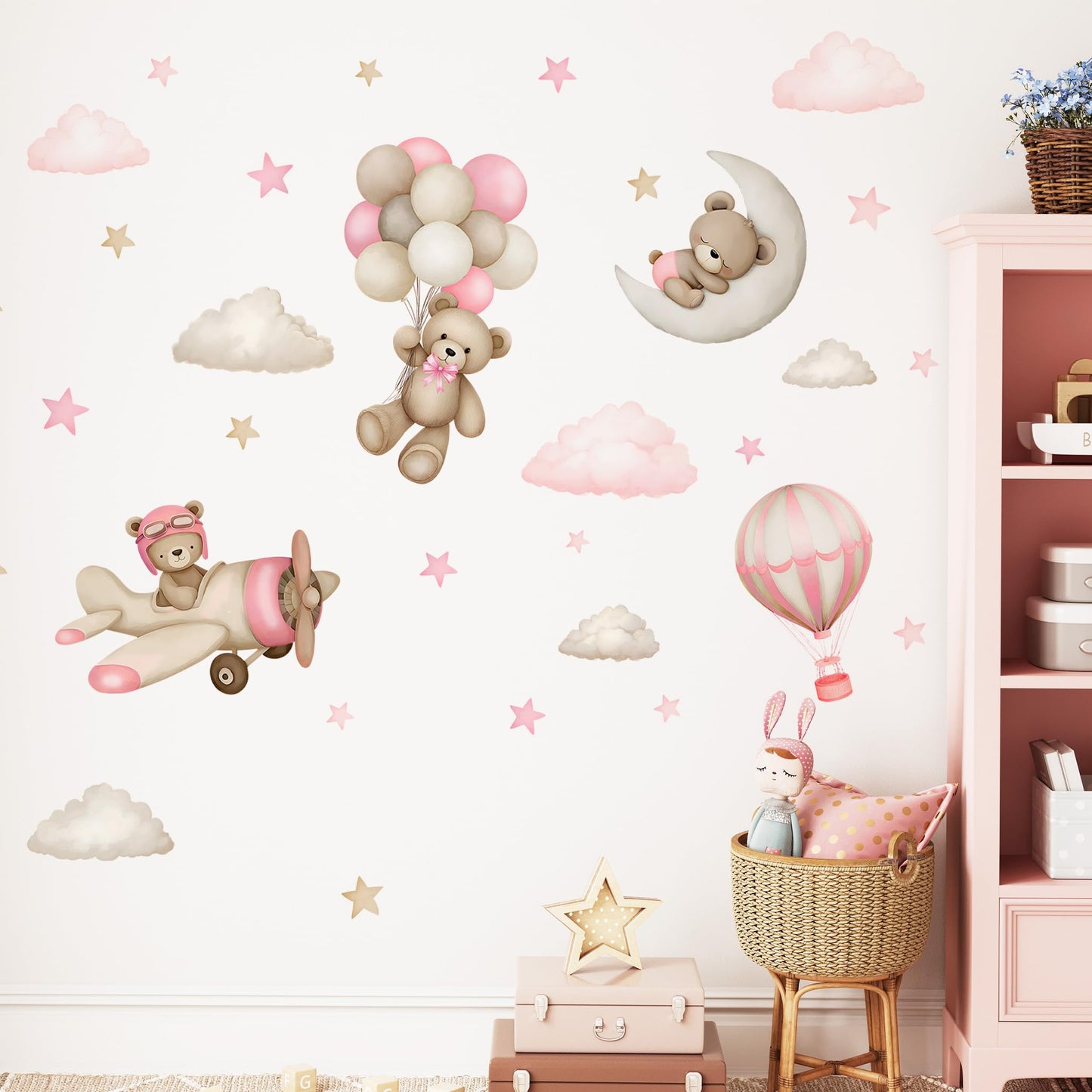 Calcomanías de pared de oso de peluche, diseño de oso de dibujos animados, globos de aire, estrella, luna, decoración de pared para habitación de niños, niñas y niños, habitación de bebé, decoración