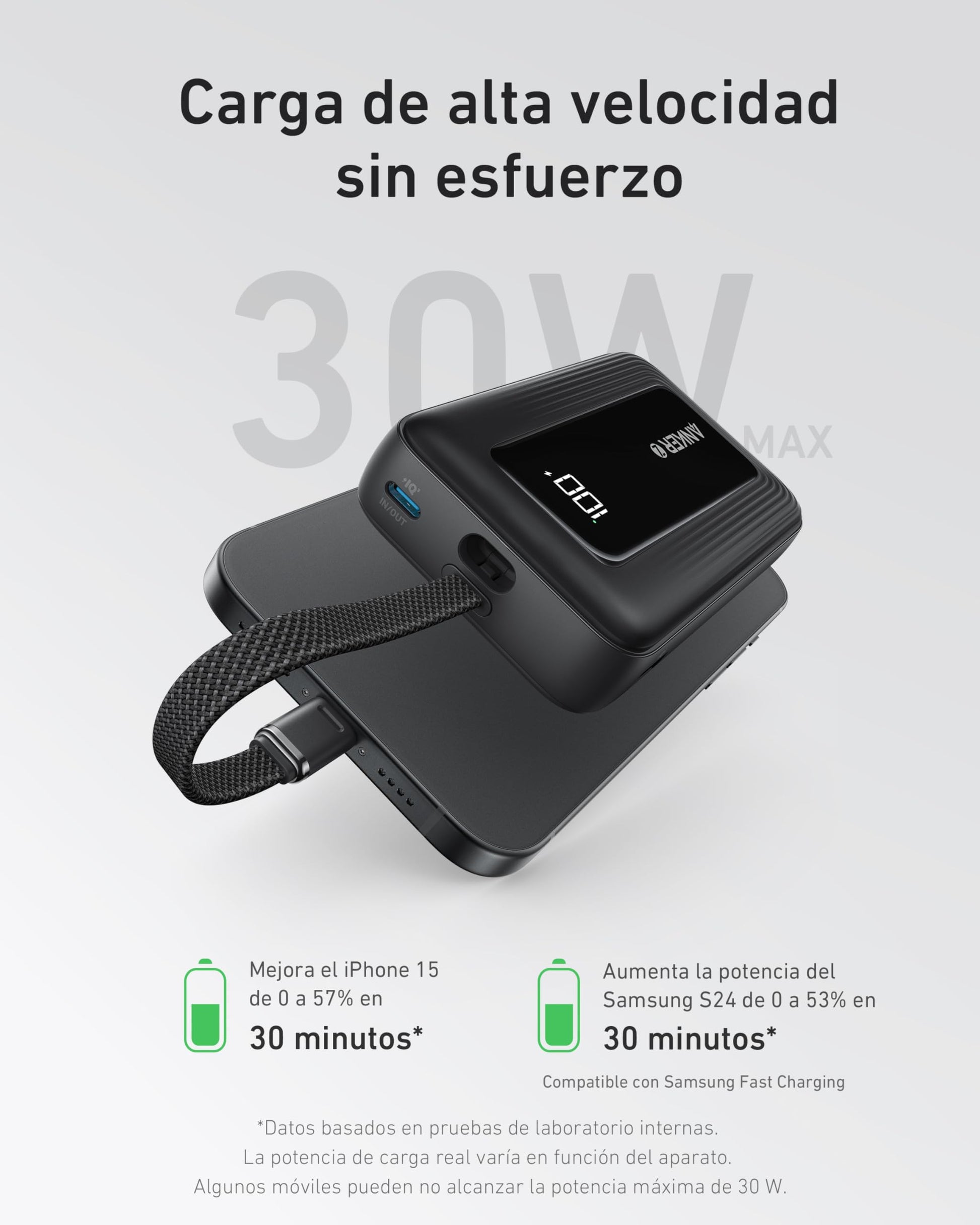 Power Bank Anker Zolo 10,000 mAh 30W con Cable USB C Integrado para iPhone, MacBook, Galaxy e iPad