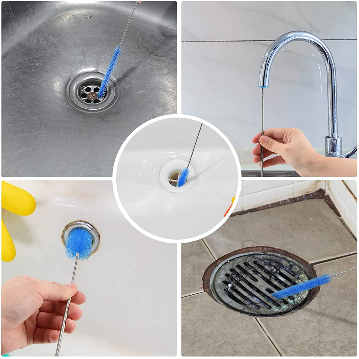 Limpiador de línea de cepillo para polvo de drenaje de pajita flexible, limpiador de nailon de 5 pies de largo, tubo de manguera elástica de doble extremo y 3 cepillos de limpieza de paja de 10
