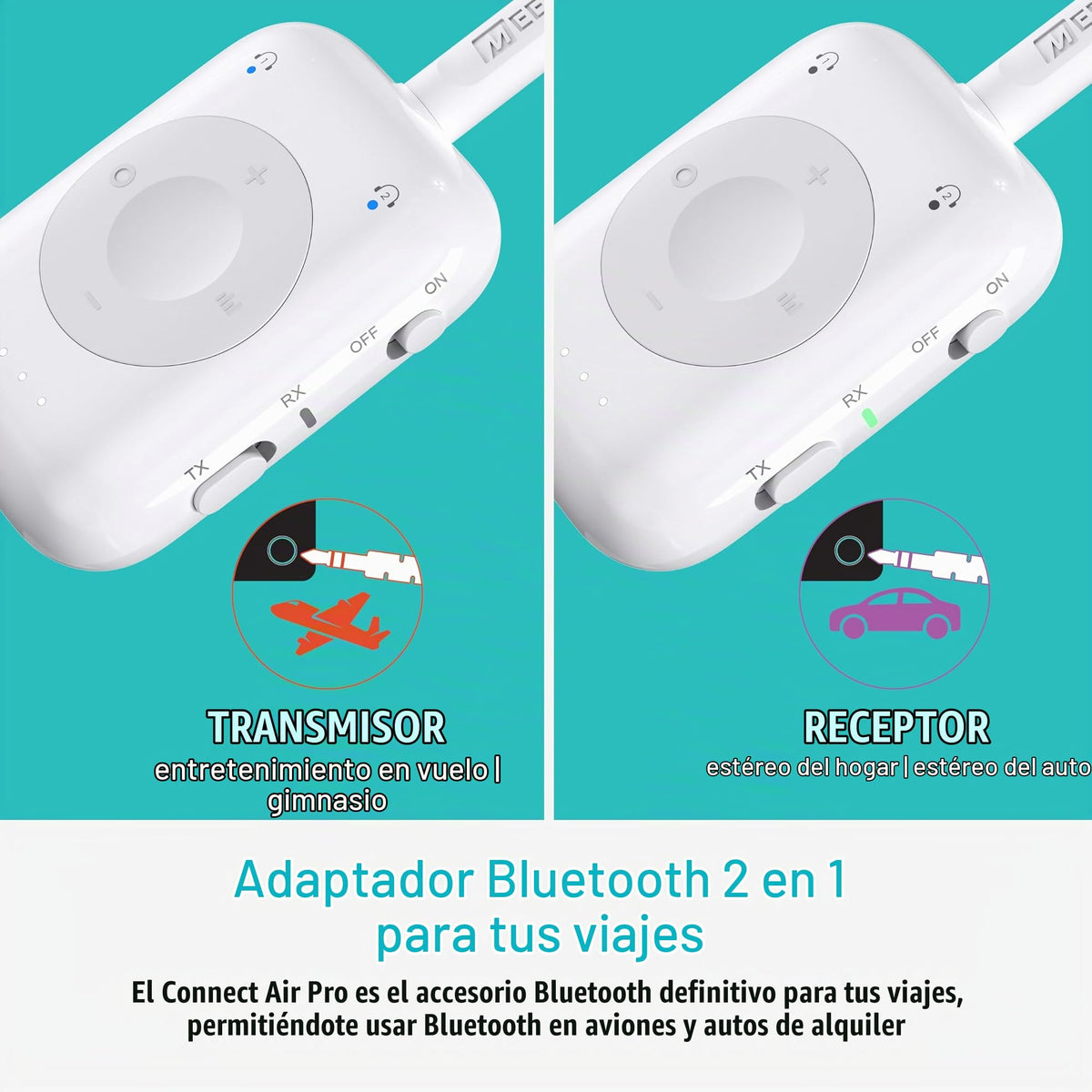 Transmisor y Receptor Inalámbrico MEE Audio Connect Air Pro Negro con Adaptador 2 en 1 y Cable Desmontable para Auriculares Bluetooth