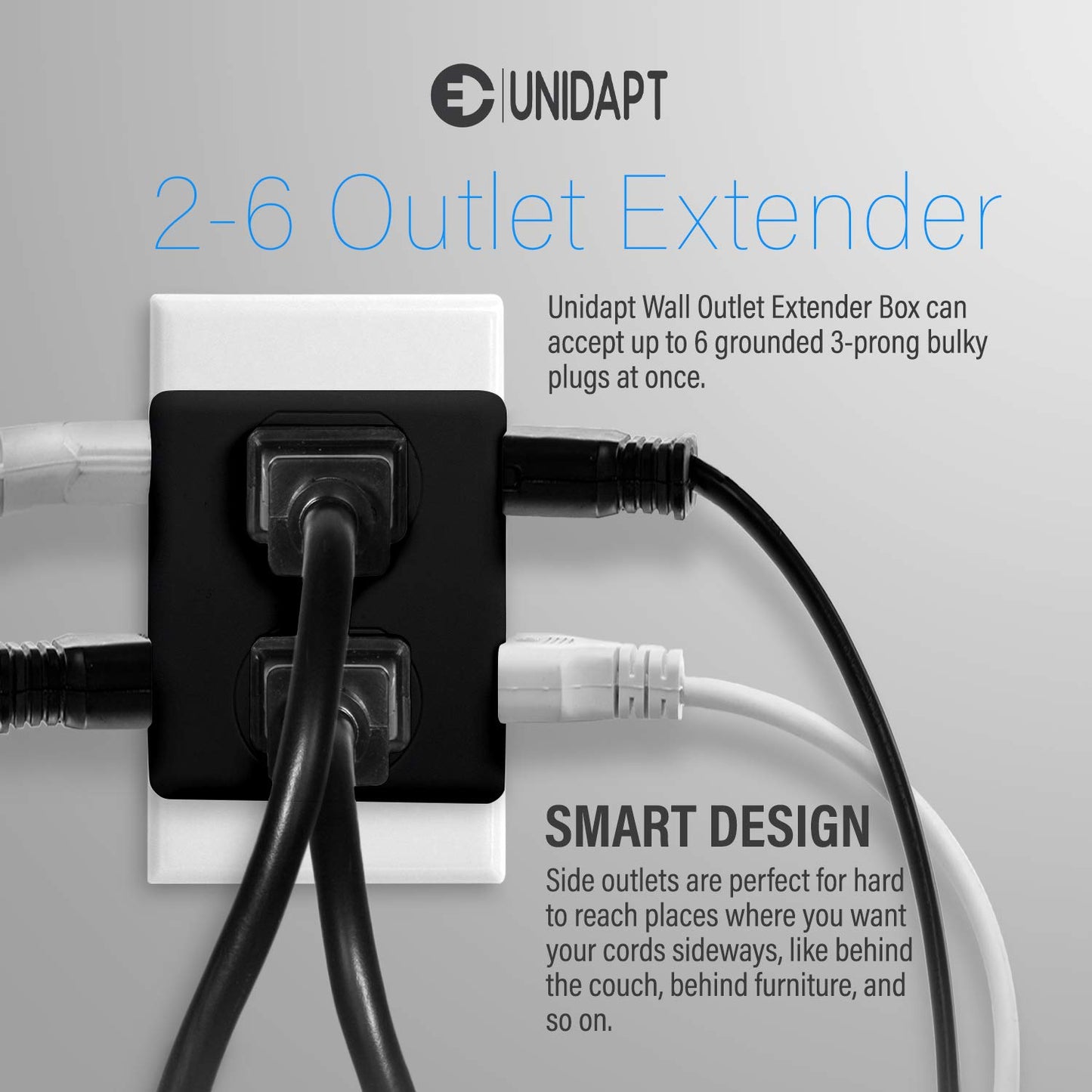 Unidapt Divisor de Enchufe múltiple, Caja extensora de Enchufe múltiple con 6 Tomas de Corriente, expansor de Enchufe de Pared para hogar, Oficina, Hotel, recámara, Paquete de 2 Unidades Negro