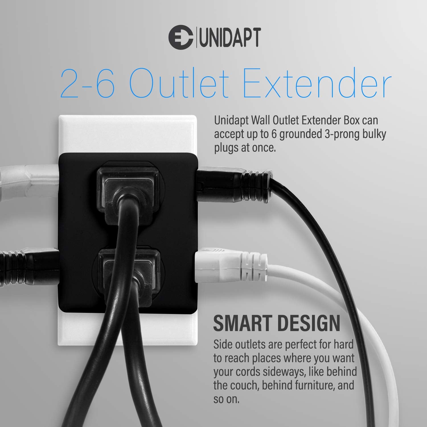 Unidapt Divisor de Enchufe múltiple, Caja extensora de Enchufe múltiple con 6 Tomas de Corriente, expansor de Enchufe de Pared para hogar, Oficina, Hotel, recámara, Paquete de 2 Unidades Negro