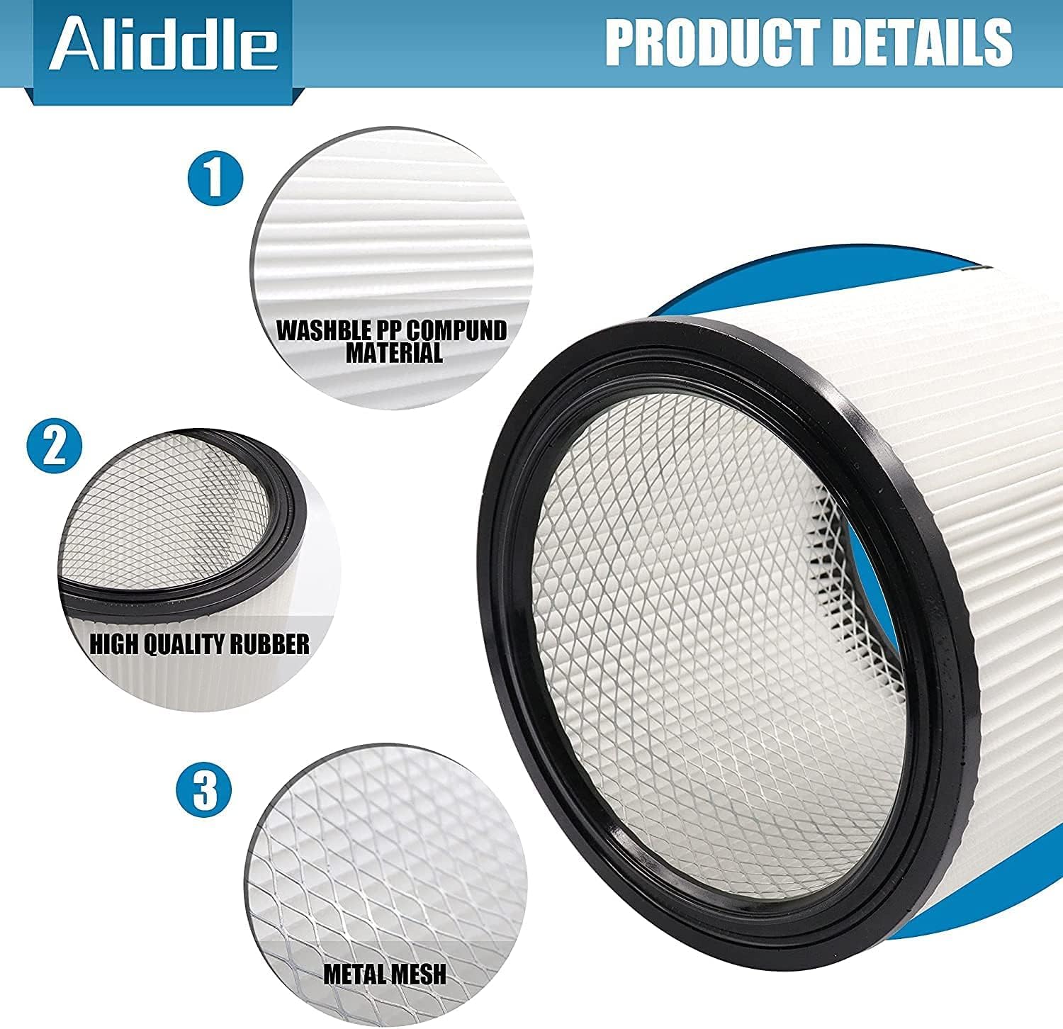Filtro de repuesto 90304, 90107 filtro seco, funda de espuma 90585 apto para aspiradoras en húmedo/seco shopvac 90304, 90350, 90333, 903-04-00, 9030400, 5 galones hasta aspiradoras en húmedo/seco